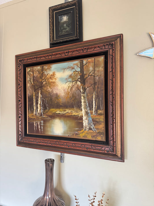 Vintage Birch Tree Landscape Oil Painting Framed Wall Art Rustic Nature Decor 32x26