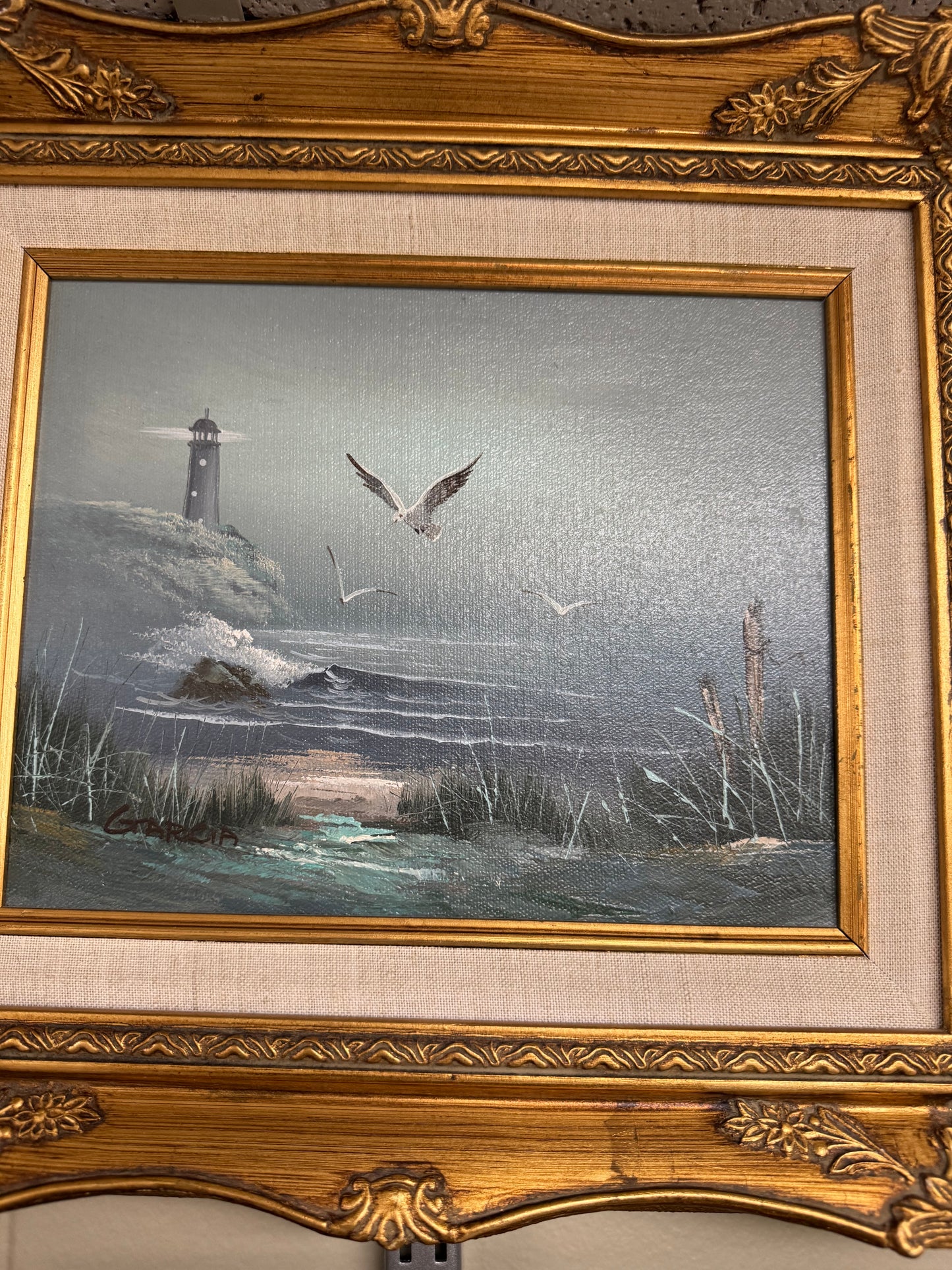 Set of 4 Coastal Lighthouse Seascape Paintings Framed Nautical Ocean Boat Wall Art Gold Ornate Frames 16x13