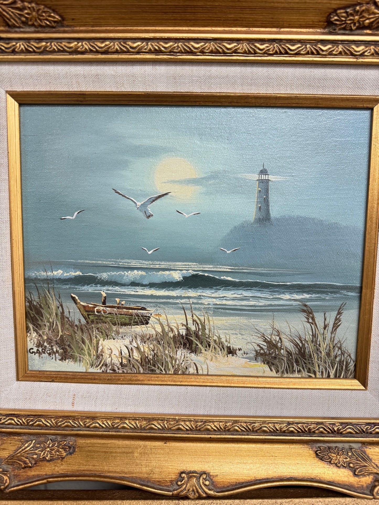 Set of 4 Coastal Lighthouse Seascape Paintings Framed Nautical Ocean Boat Wall Art Gold Ornate Frames 16x13