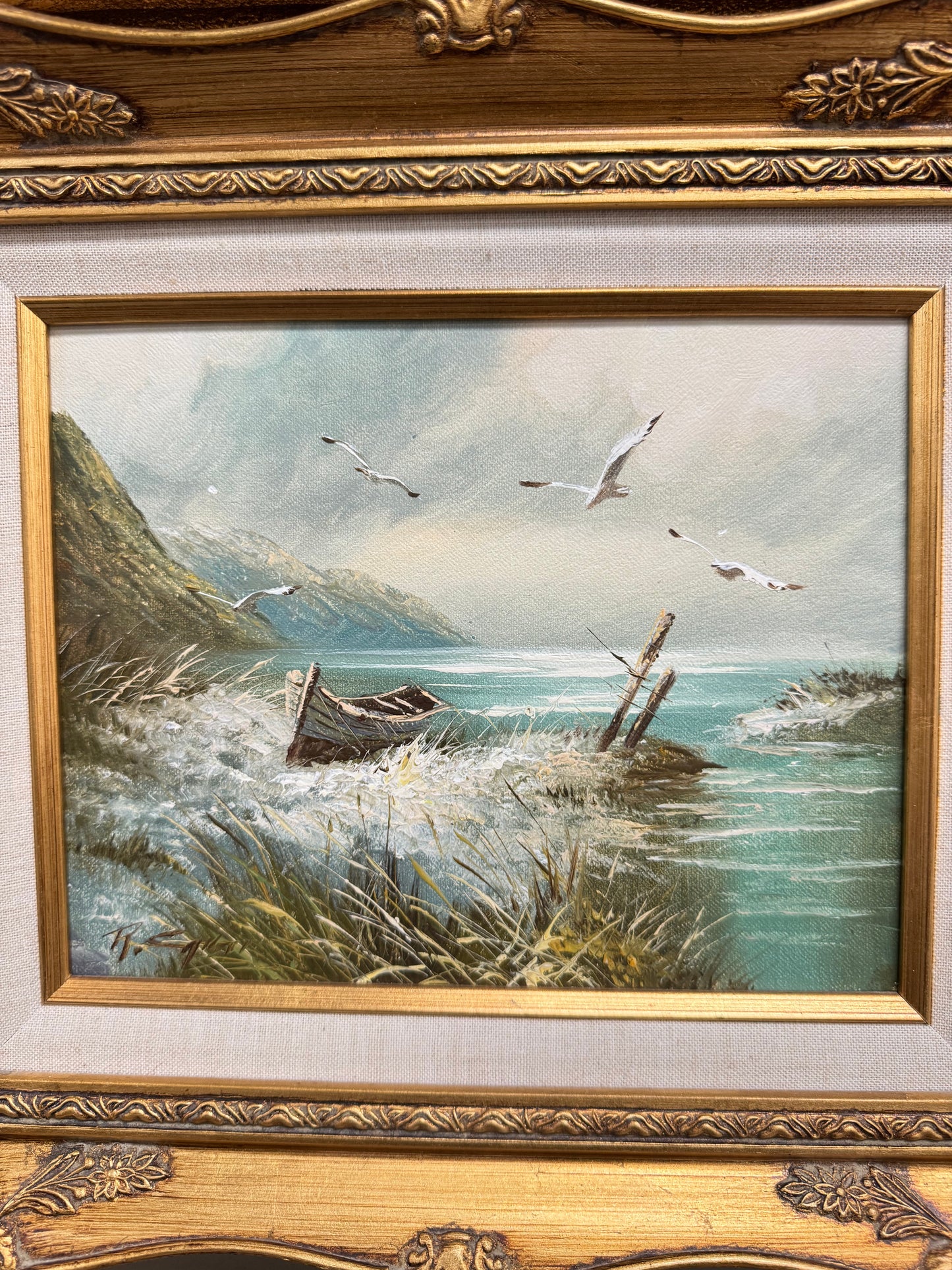 Set of 4 Coastal Lighthouse Seascape Paintings Framed Nautical Ocean Boat Wall Art Gold Ornate Frames 16x13