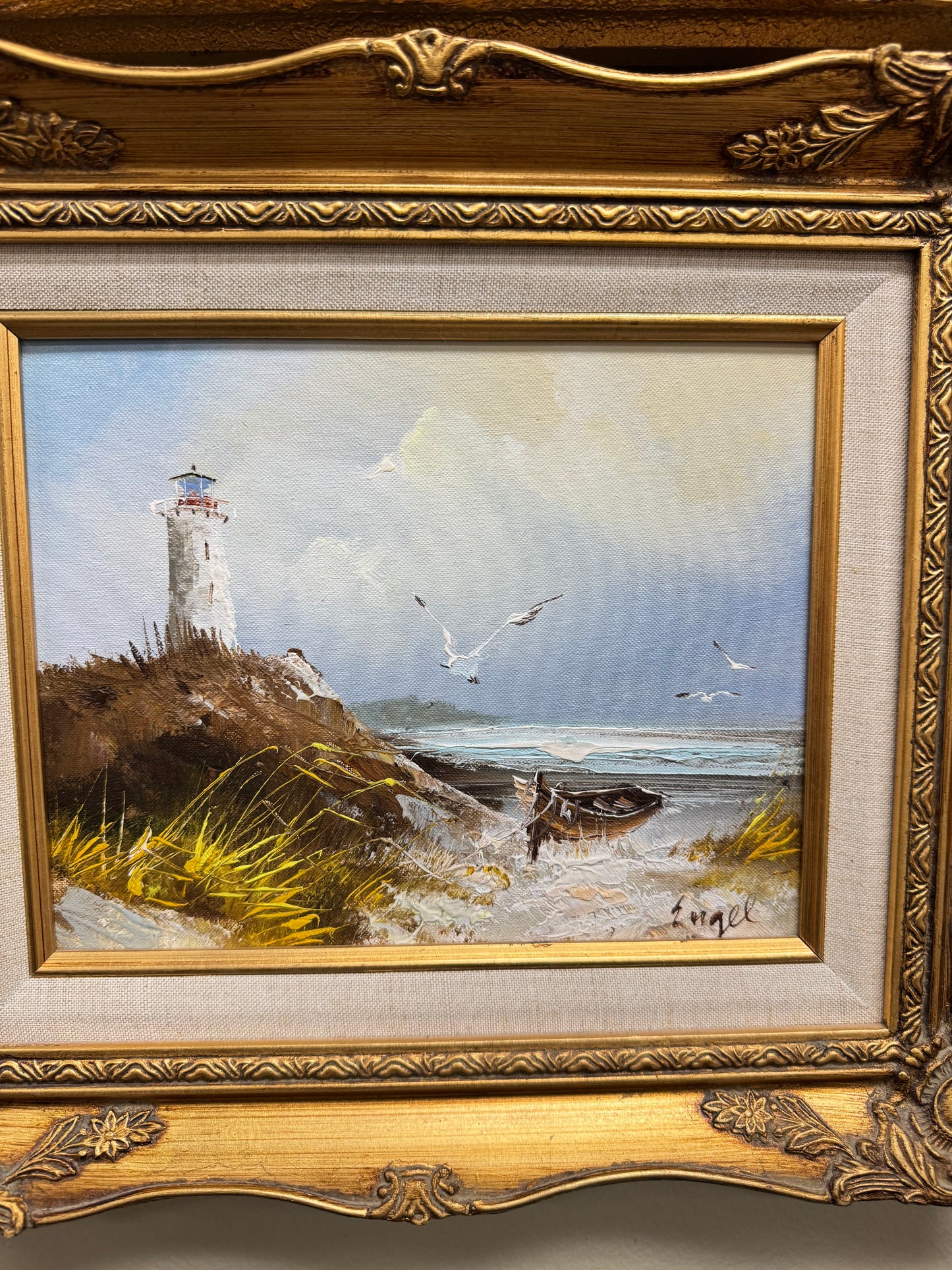 Set of 4 Coastal Lighthouse Seascape Paintings Framed Nautical Ocean Boat Wall Art Gold Ornate Frames 16x13