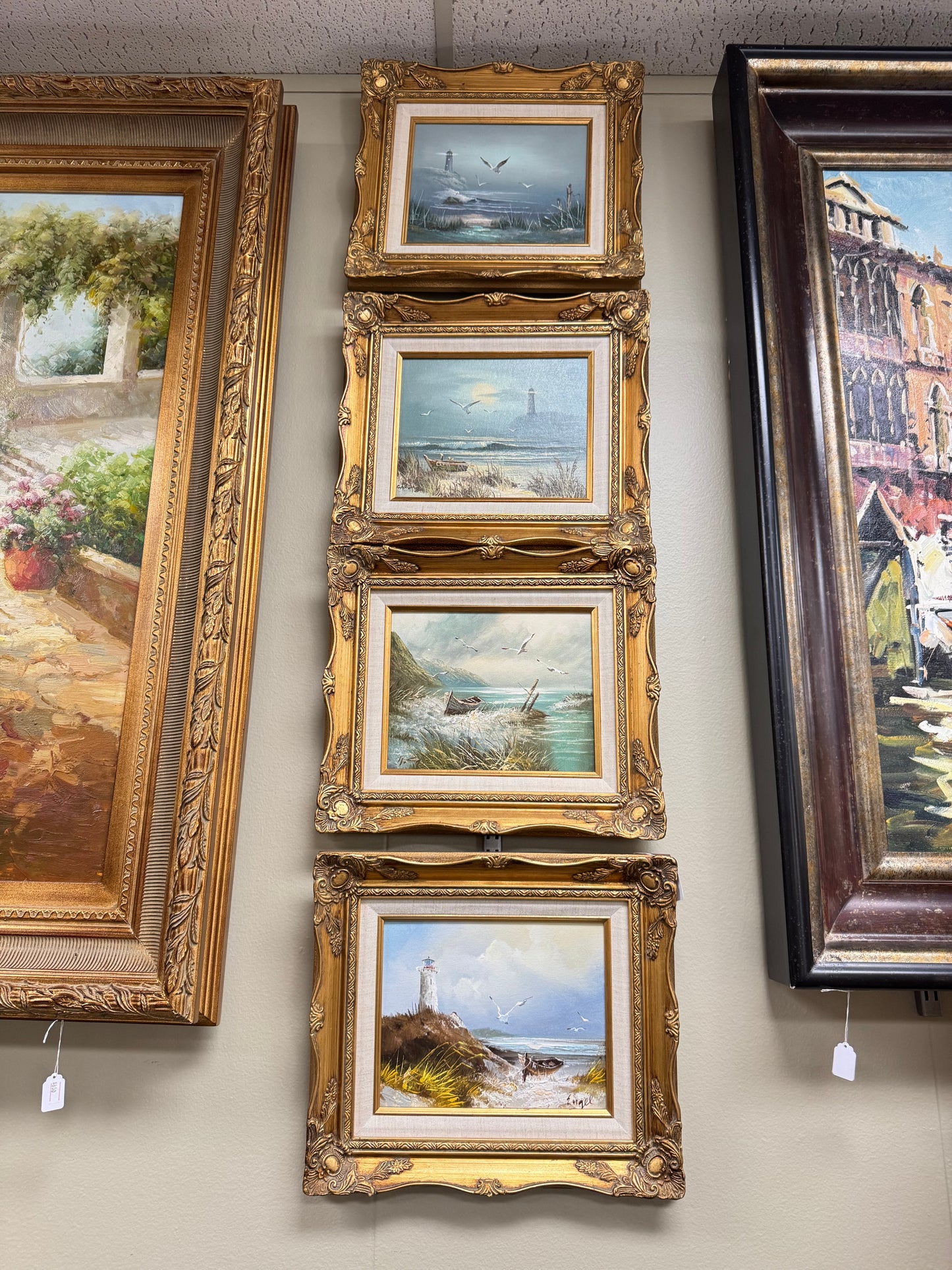 Set of 4 Coastal Lighthouse Seascape Paintings Framed Nautical Ocean Boat Wall Art Gold Ornate Frames 16x13