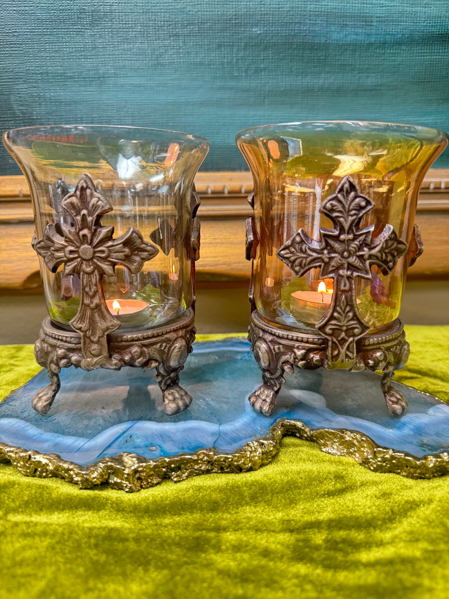 Pair Vintage Style Cross Motif Glass Votive Candle Holders Ornate Metal Base Amber & Smoke 6”