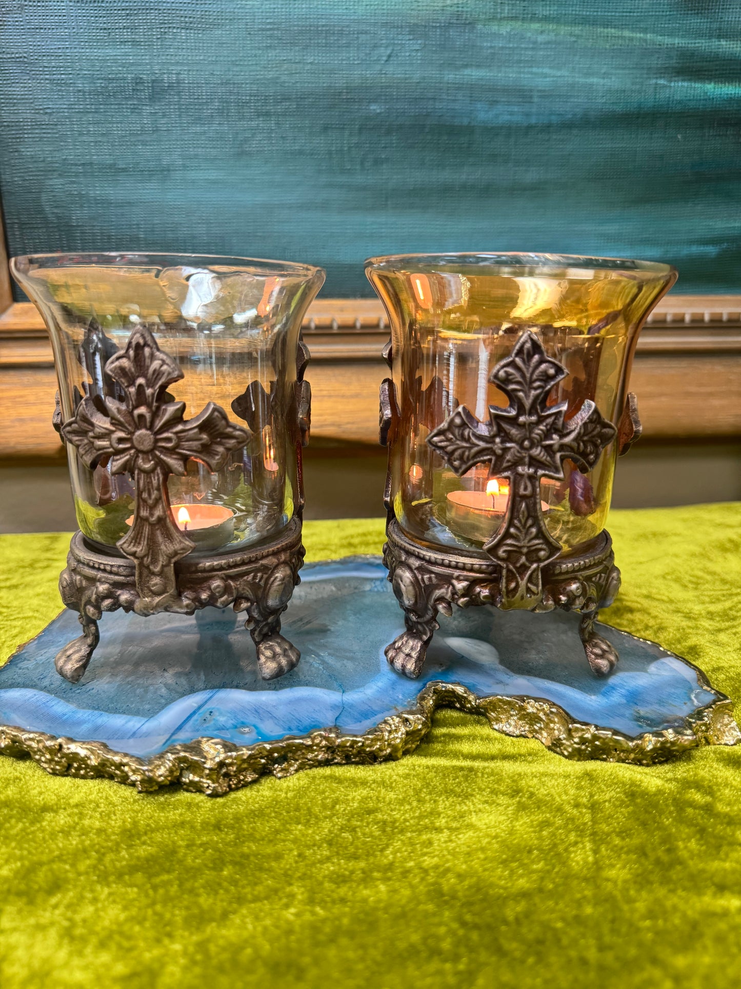 Pair Vintage Style Cross Motif Glass Votive Candle Holders Ornate Metal Base Amber & Smoke 6”