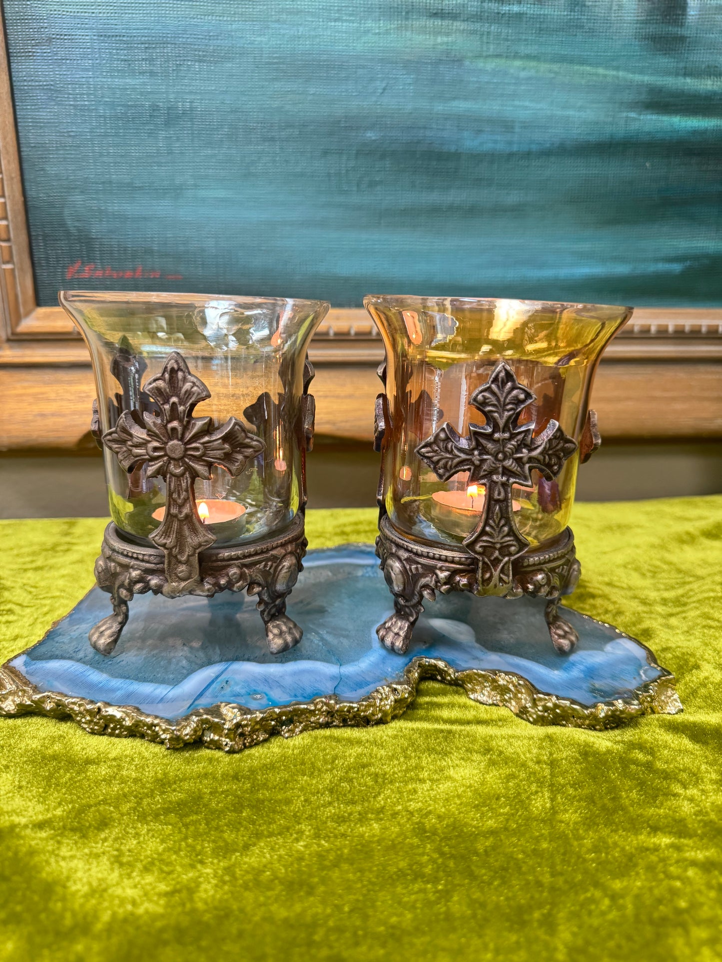 Pair Vintage Style Cross Motif Glass Votive Candle Holders Ornate Metal Base Amber & Smoke 6”