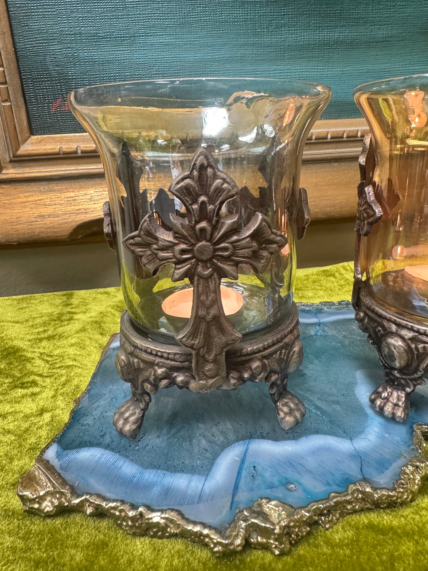 Pair Vintage Style Cross Motif Glass Votive Candle Holders Ornate Metal Base Amber & Smoke 6”