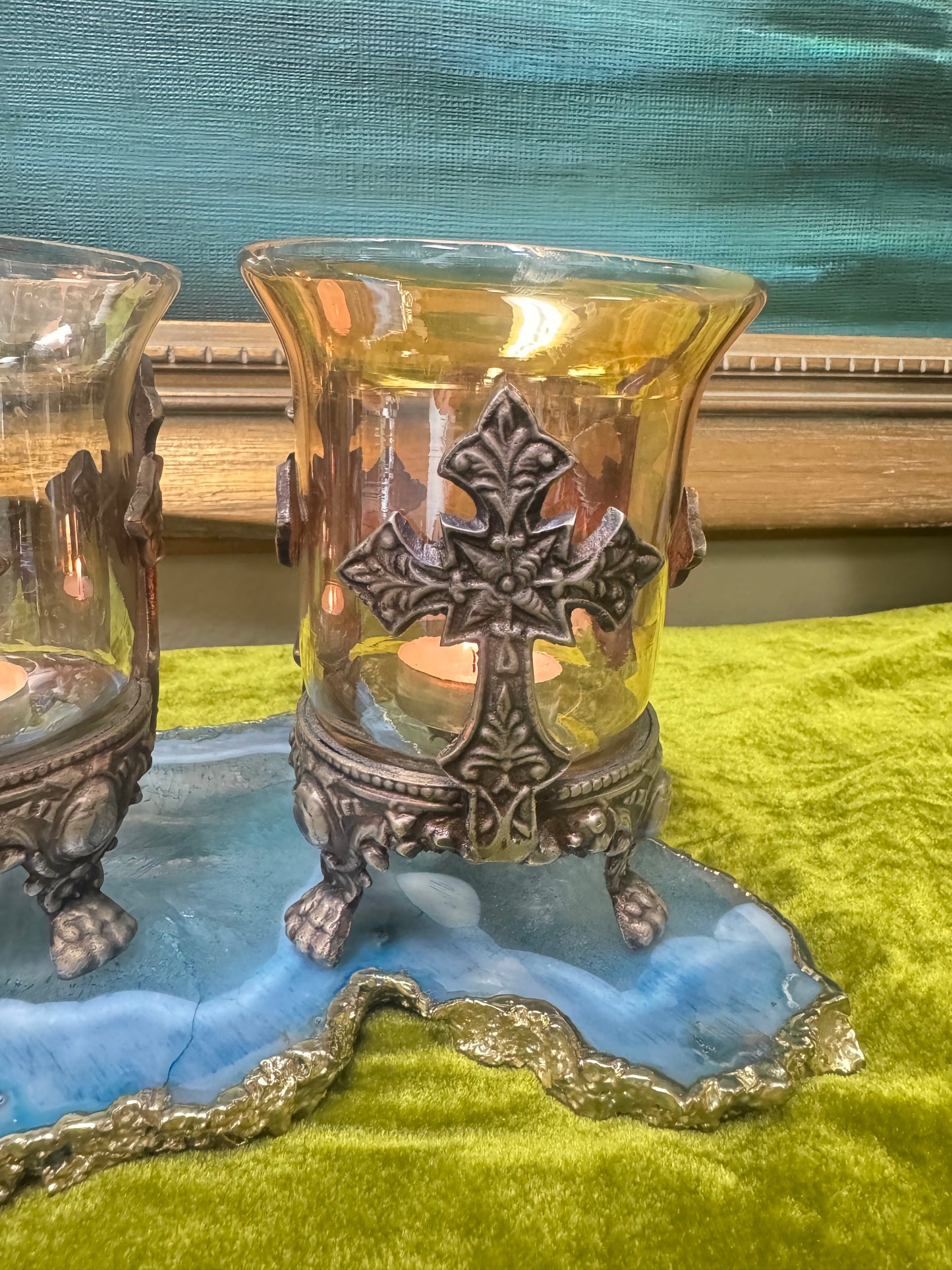 Pair Vintage Style Cross Motif Glass Votive Candle Holders Ornate Metal Base Amber & Smoke 6”