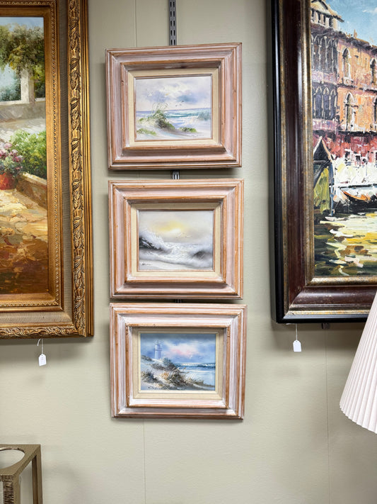 Vintage Coastal Gallery Wall Art Set of 3 Framed Seascape Paintings Beach House Decor Lighthouse Ocean Art
