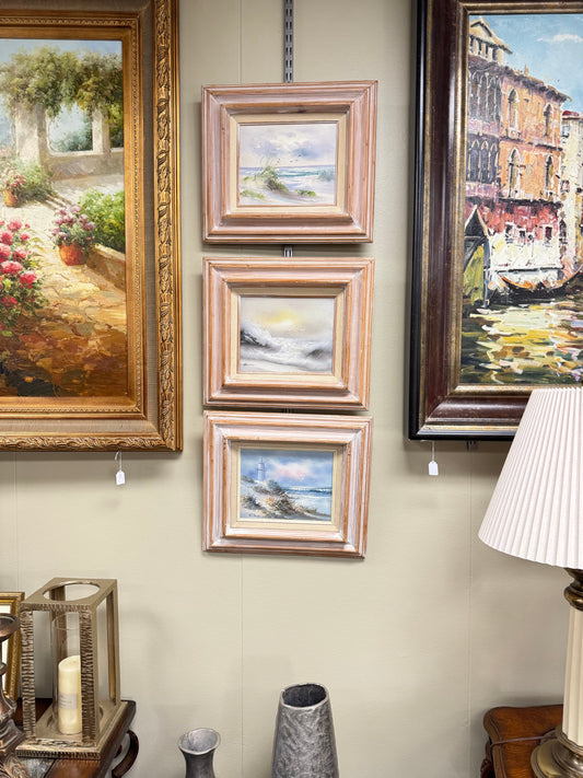 Vintage Coastal Gallery Wall Art Set of 3 Framed Seascape Paintings Beach House Decor Lighthouse Ocean Art