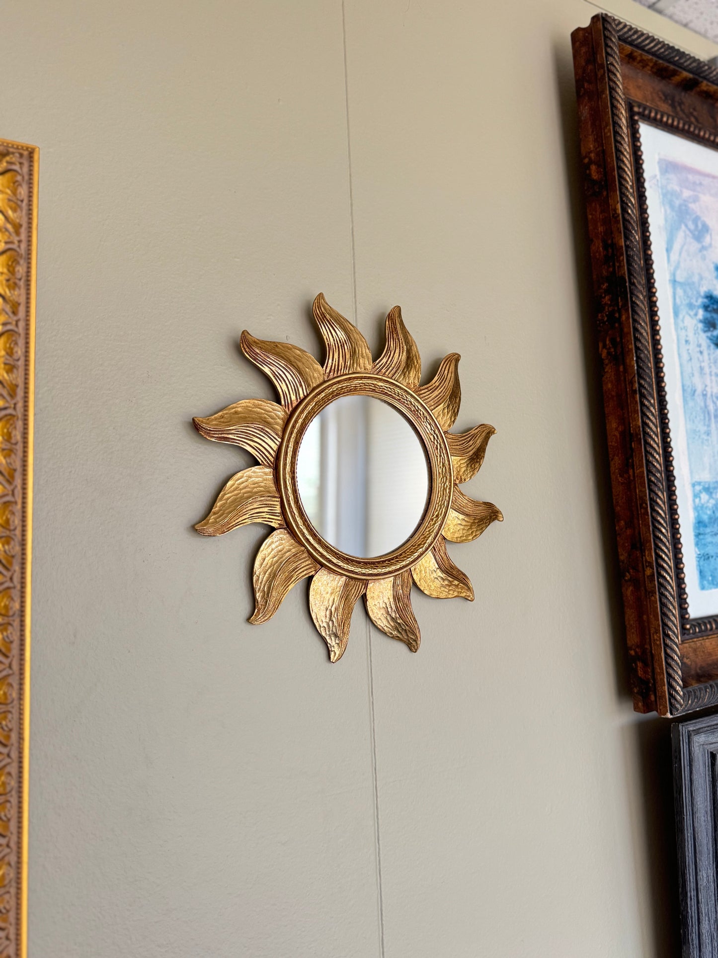 Gold Sunburst Wall Mirror Small 13” Round Decorative Hollywood Regency Style
