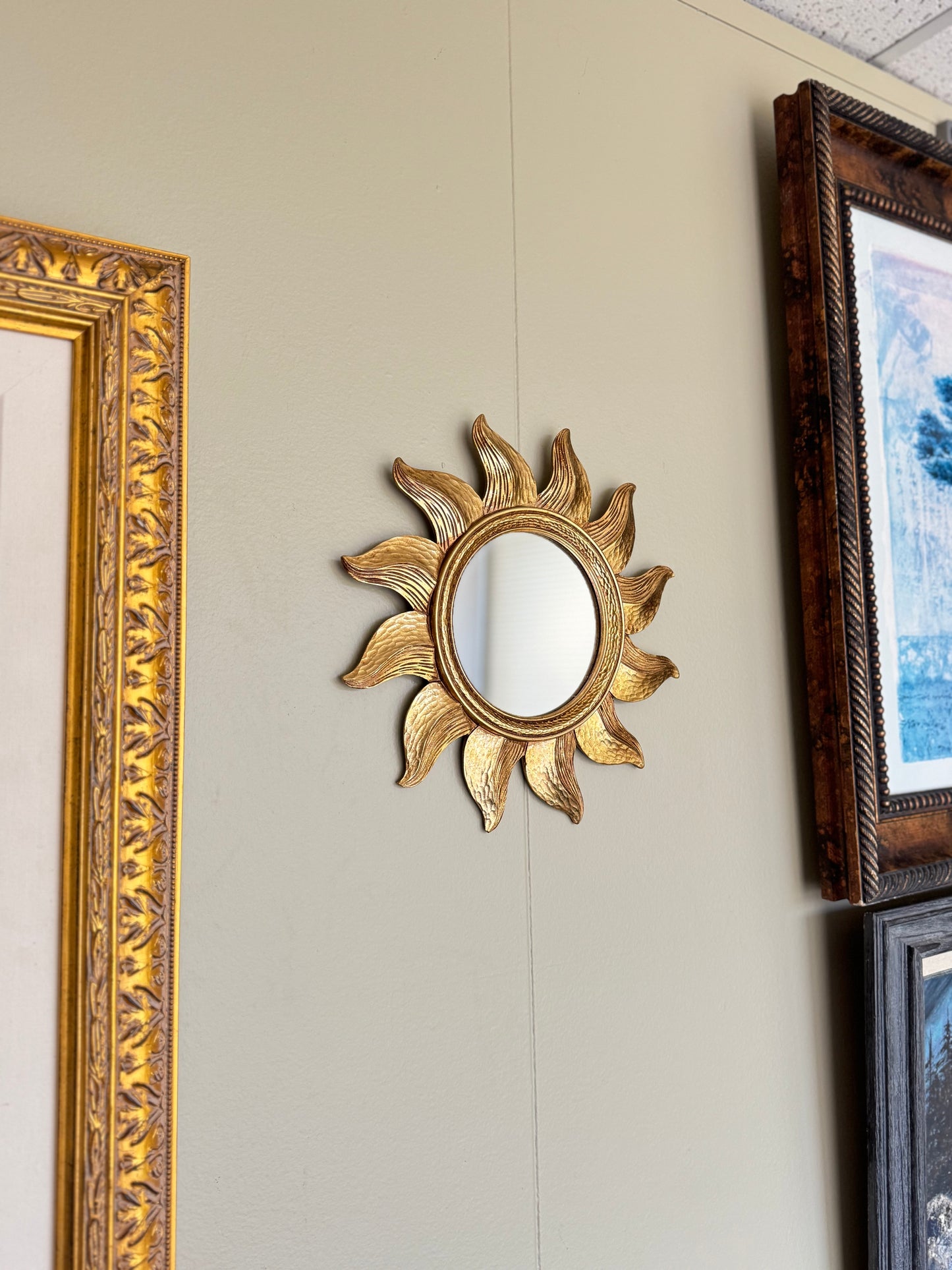 Gold Sunburst Wall Mirror Small 13” Round Decorative Hollywood Regency Style