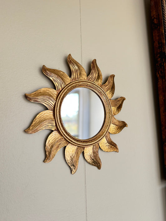 Gold Sunburst Wall Mirror Small 13” Round Decorative Hollywood Regency Style