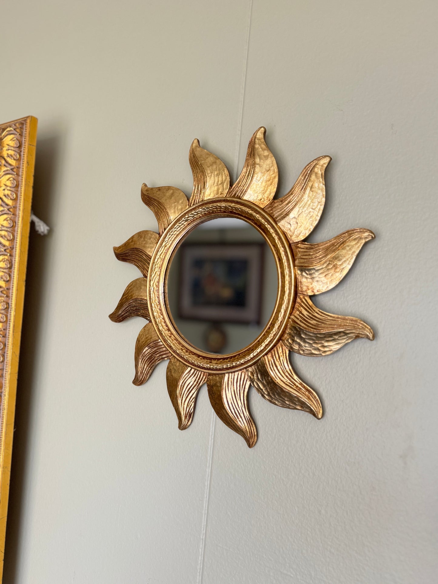 Gold Sunburst Wall Mirror Small 13” Round Decorative Hollywood Regency Style