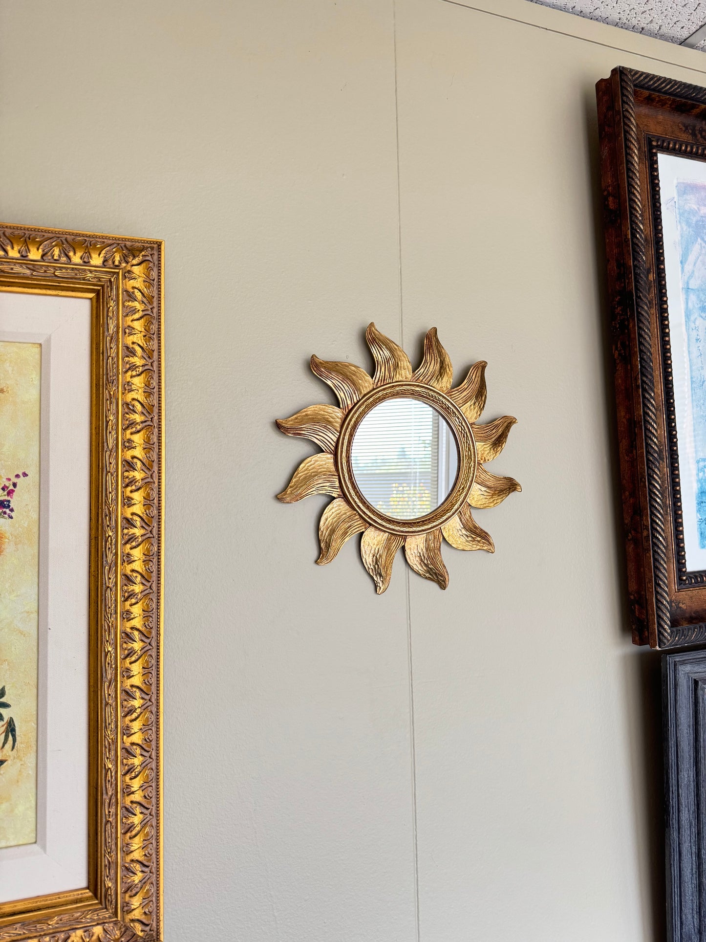 Gold Sunburst Wall Mirror Small 13” Round Decorative Hollywood Regency Style