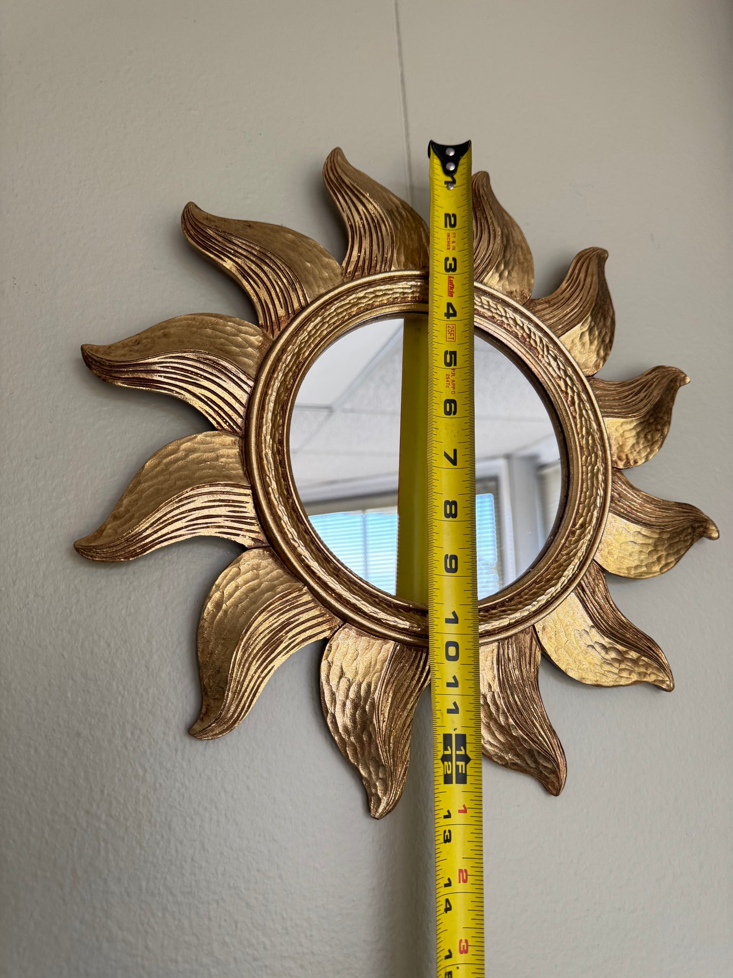 Gold Sunburst Wall Mirror Small 13” Round Decorative Hollywood Regency Style