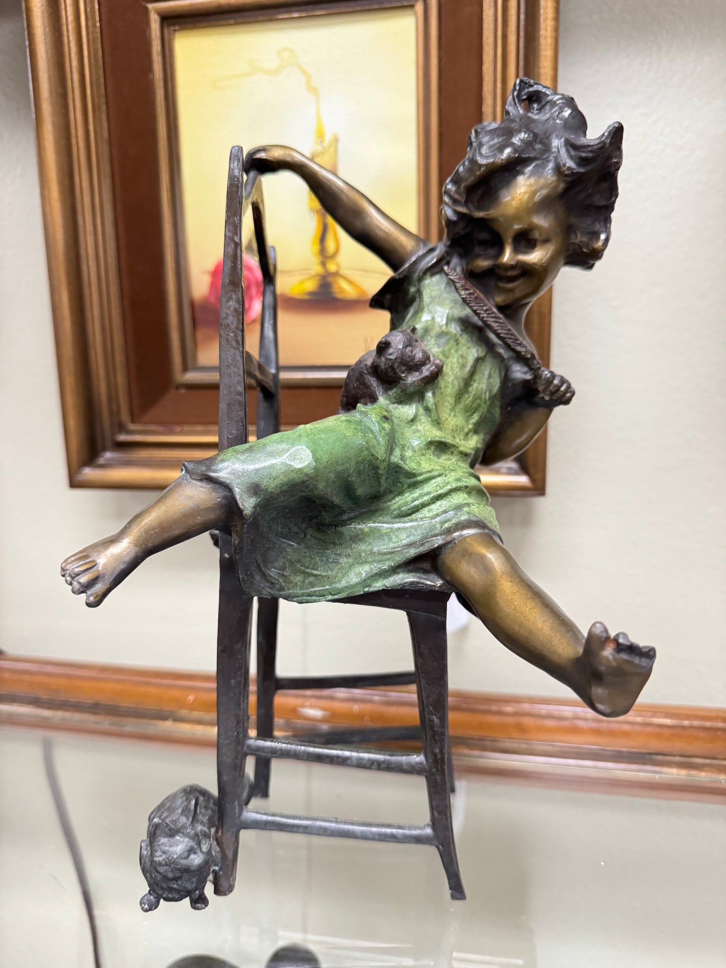 ''Juan Clara'' Girl on Chair with Mouse Sculpture Bronze Finish Whimsical Art Nouveau Style Figurine 11”