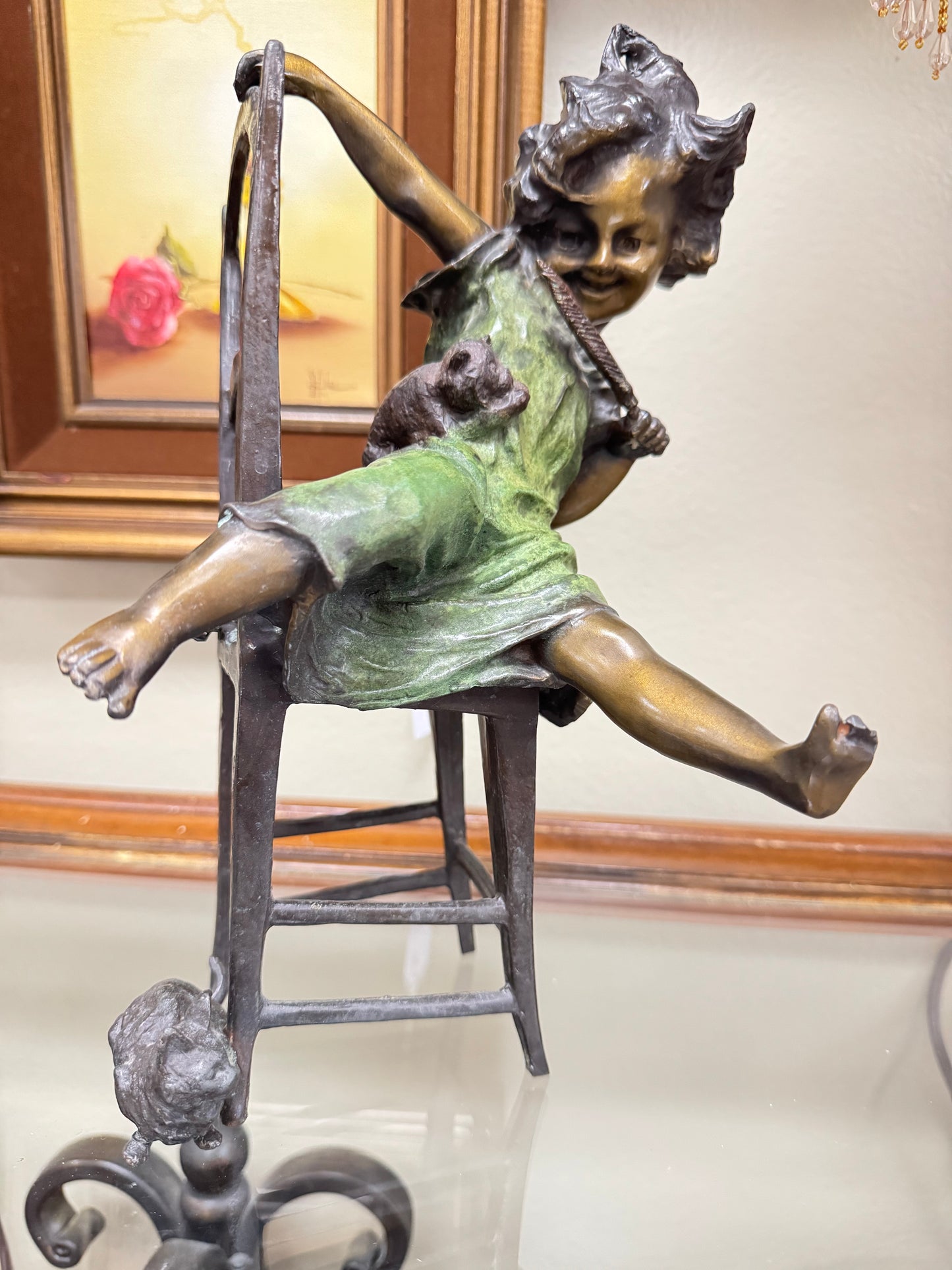 ''Juan Clara'' Girl on Chair with Mouse Sculpture Bronze Finish Whimsical Art Nouveau Style Figurine 11”