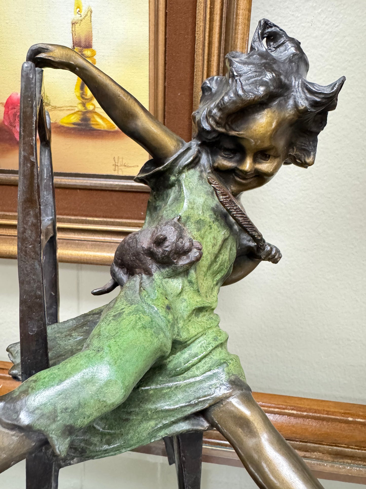 ''Juan Clara'' Girl on Chair with Mouse Sculpture Bronze Finish Whimsical Art Nouveau Style Figurine 11”