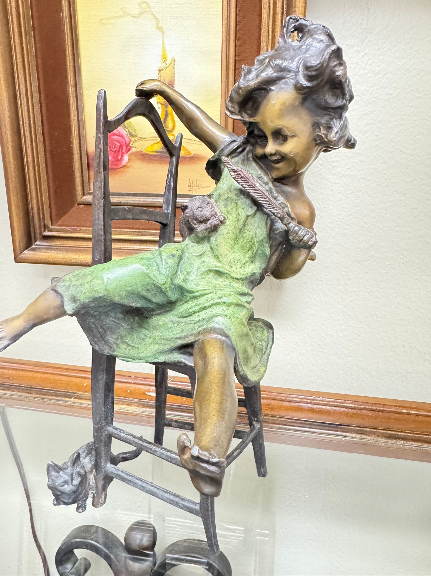 ''Juan Clara'' Girl on Chair with Mouse Sculpture Bronze Finish Whimsical Art Nouveau Style Figurine 11”