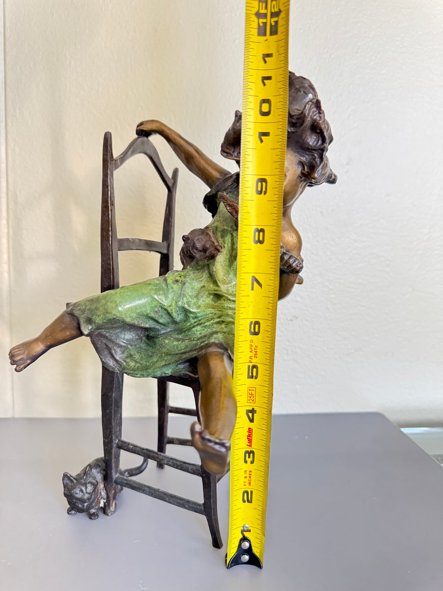''Juan Clara'' Girl on Chair with Mouse Sculpture Bronze Finish Whimsical Art Nouveau Style Figurine 11”