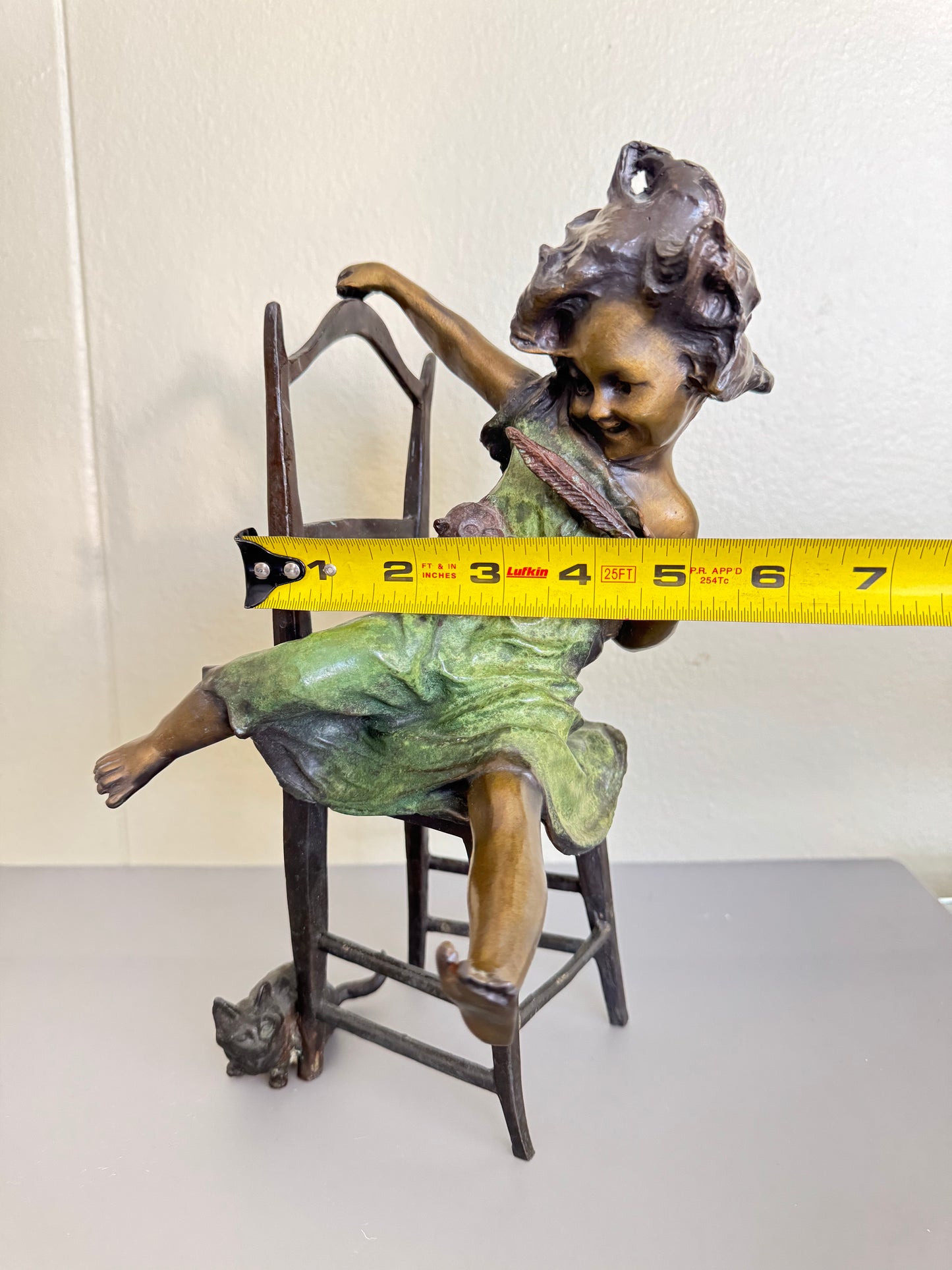''Juan Clara'' Girl on Chair with Mouse Sculpture Bronze Finish Whimsical Art Nouveau Style Figurine 11”