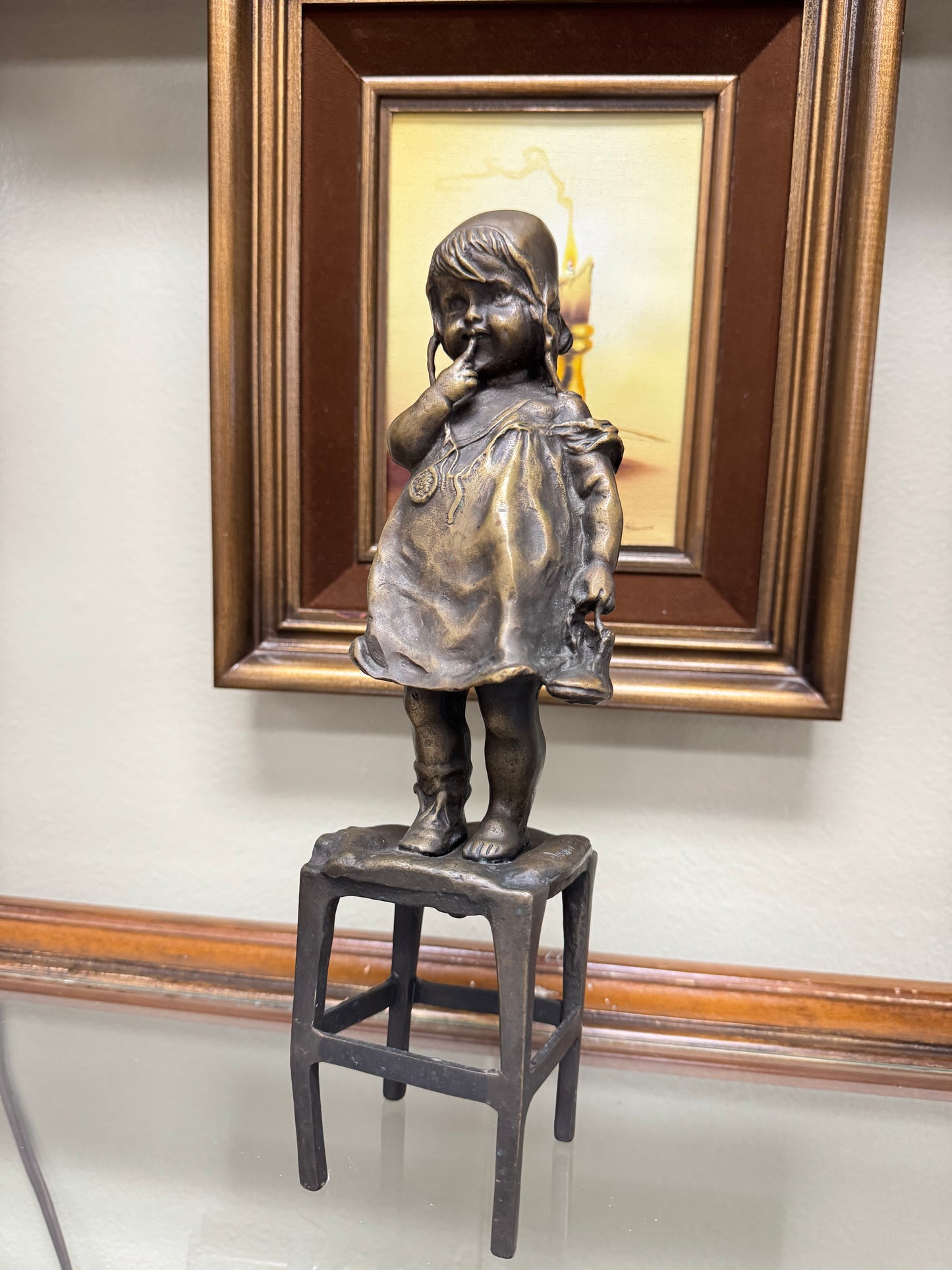 Vintage Juan Clara Girl on Stool Figurine Bronze Sculpture 11 Tall