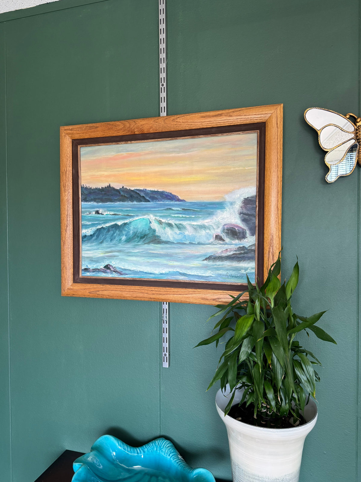 🌊 Signed Seascape Painting on Canvas – Ocean Waves & Sunset, Wood Frame