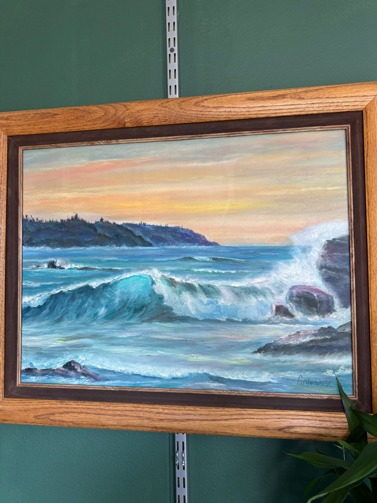 🌊 Signed Seascape Painting on Canvas – Ocean Waves & Sunset, Wood Frame