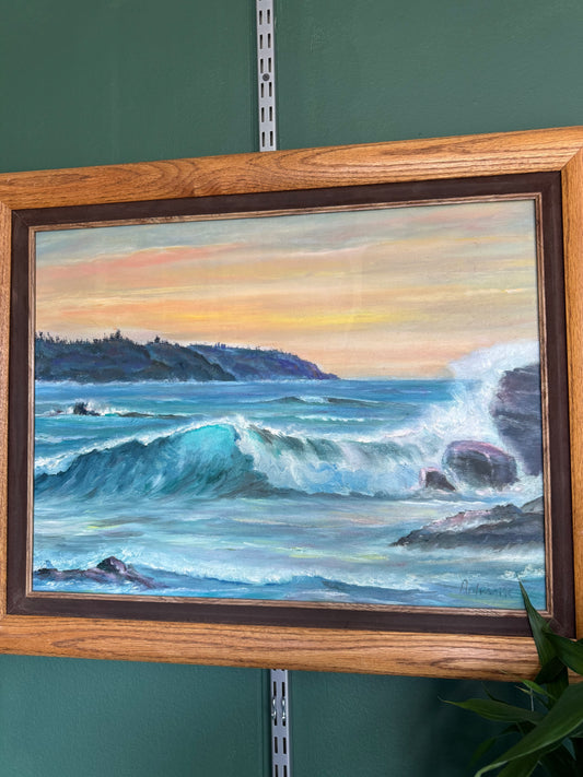 🌊 Signed Seascape Painting on Canvas – Ocean Waves & Sunset, Wood Frame