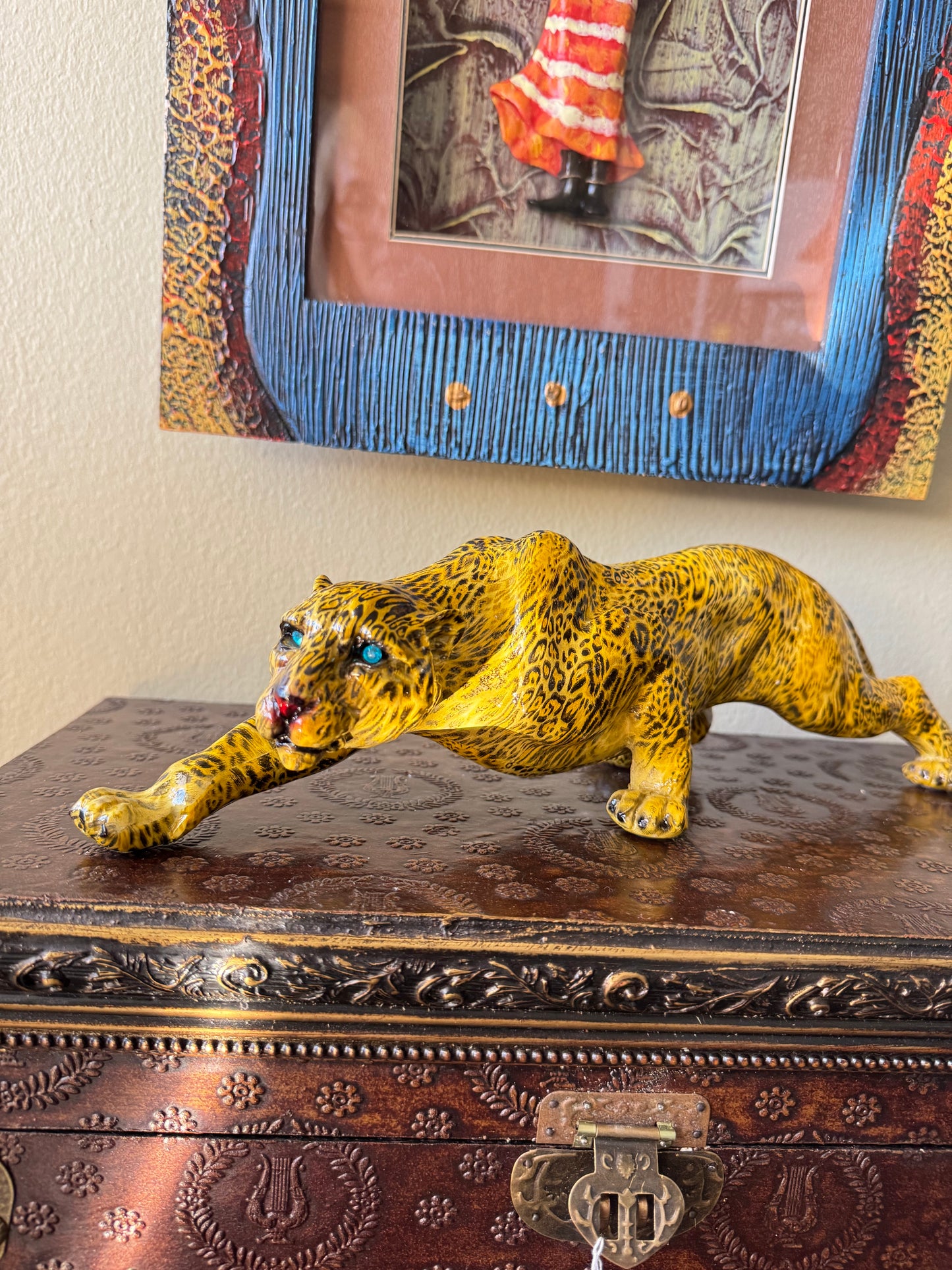 Leopard Figurine 15” Resin Big Cat Sculpture Hand Painted Panther Jungle Decor