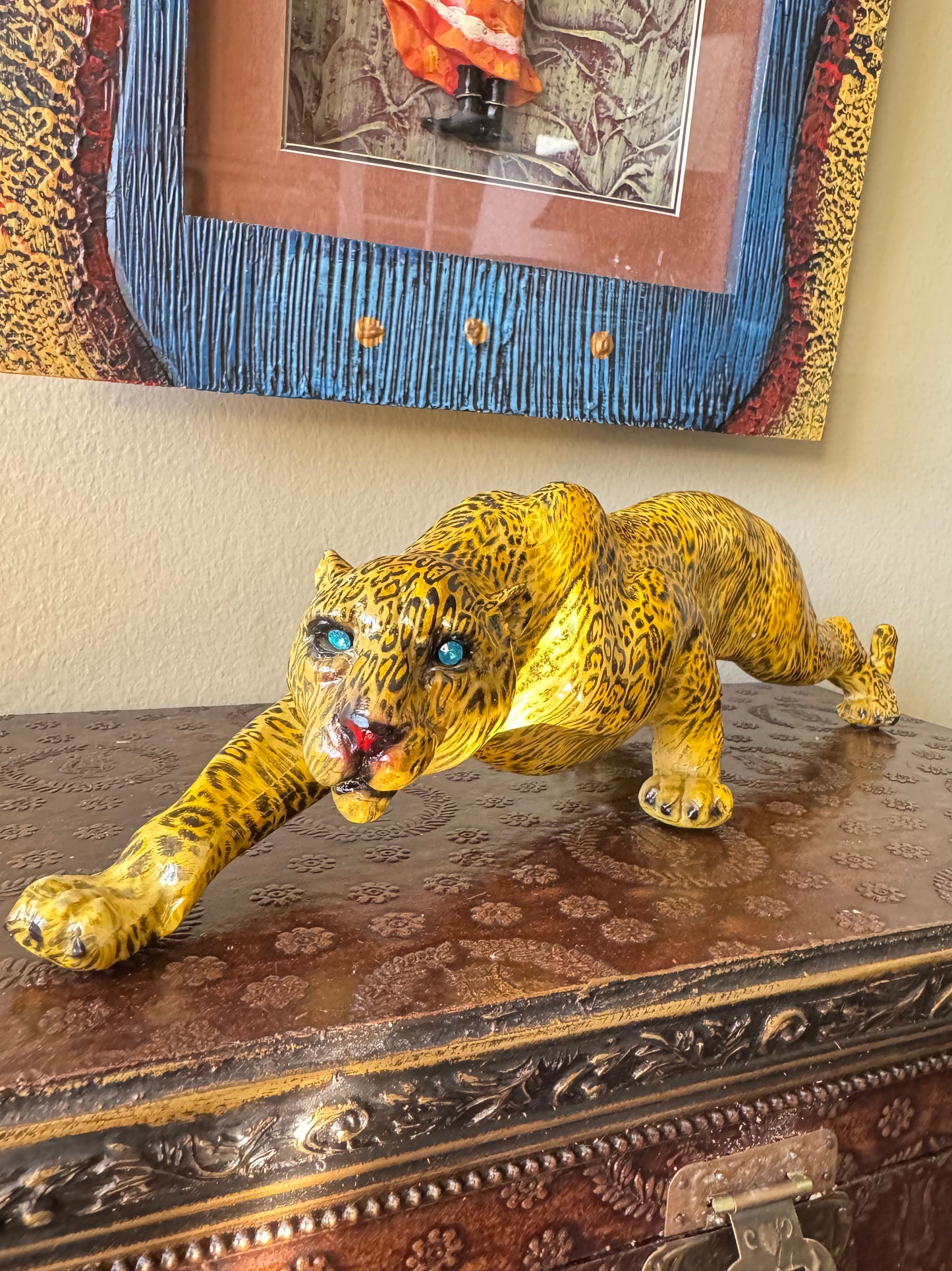 Leopard Figurine 15” Resin Big Cat Sculpture Hand Painted Panther Jungle Decor