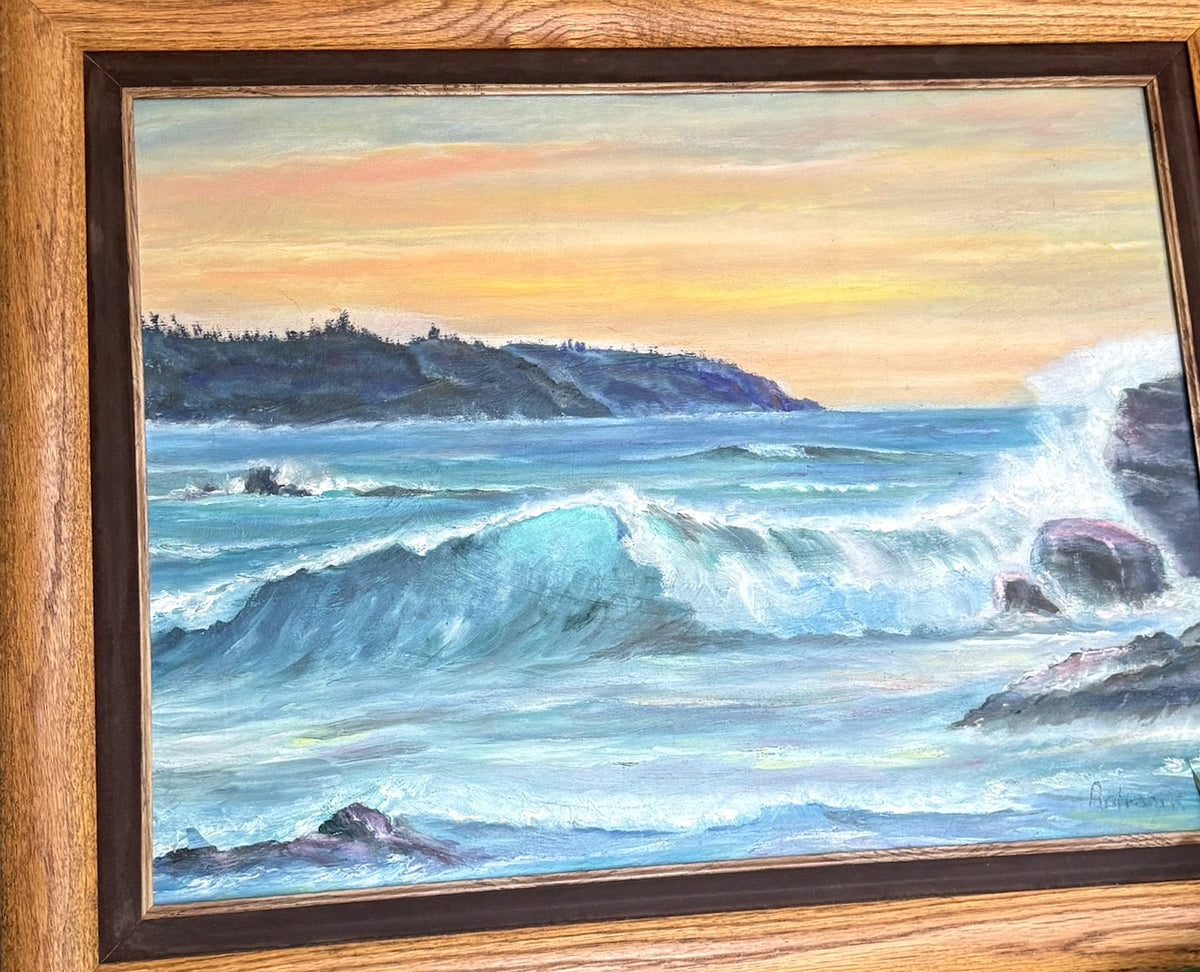 🌊 Signed Seascape Painting on Canvas – Ocean Waves & Sunset, Wood Frame