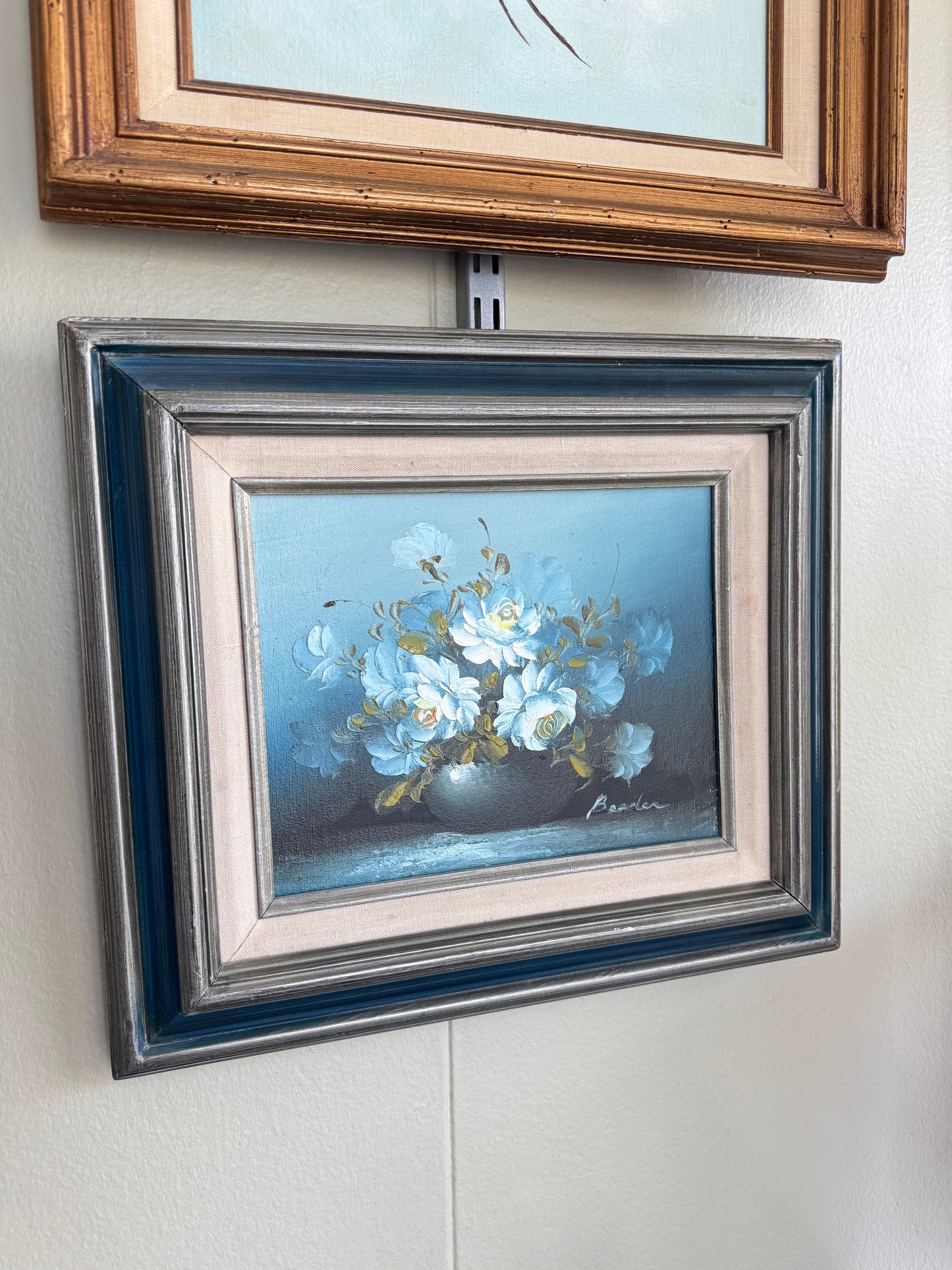 Vintage Original Oil Painting Blue Roses Still Life Signed Framed Floral Wall Art 16x13
