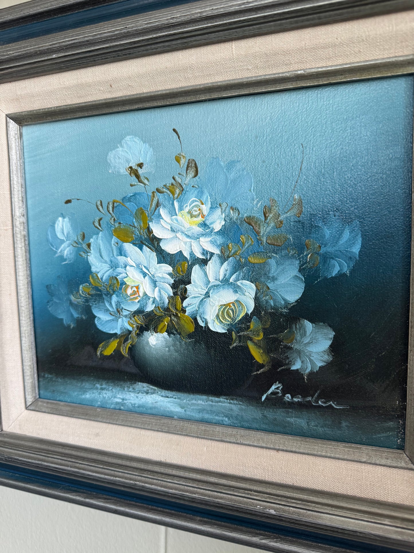 Vintage Original Oil Painting Blue Roses Still Life Signed Framed Floral Wall Art 16x13