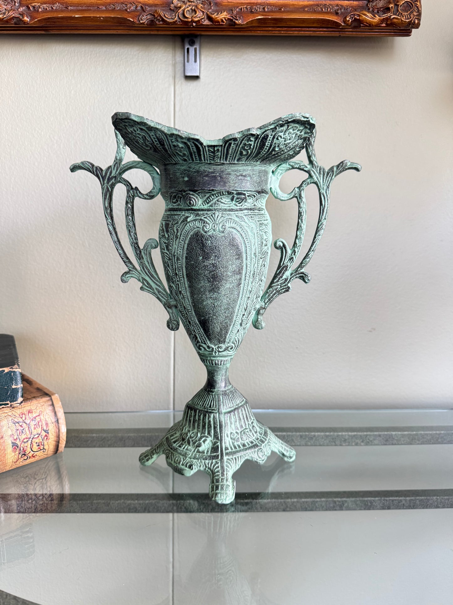 Metal Urn Vase Vintage Style Verdigris Patina Ornate Double Handle 14”