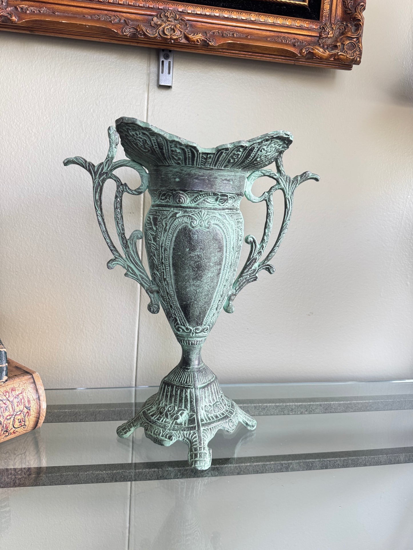 Metal Urn Vase Vintage Style Verdigris Patina Ornate Double Handle 14”