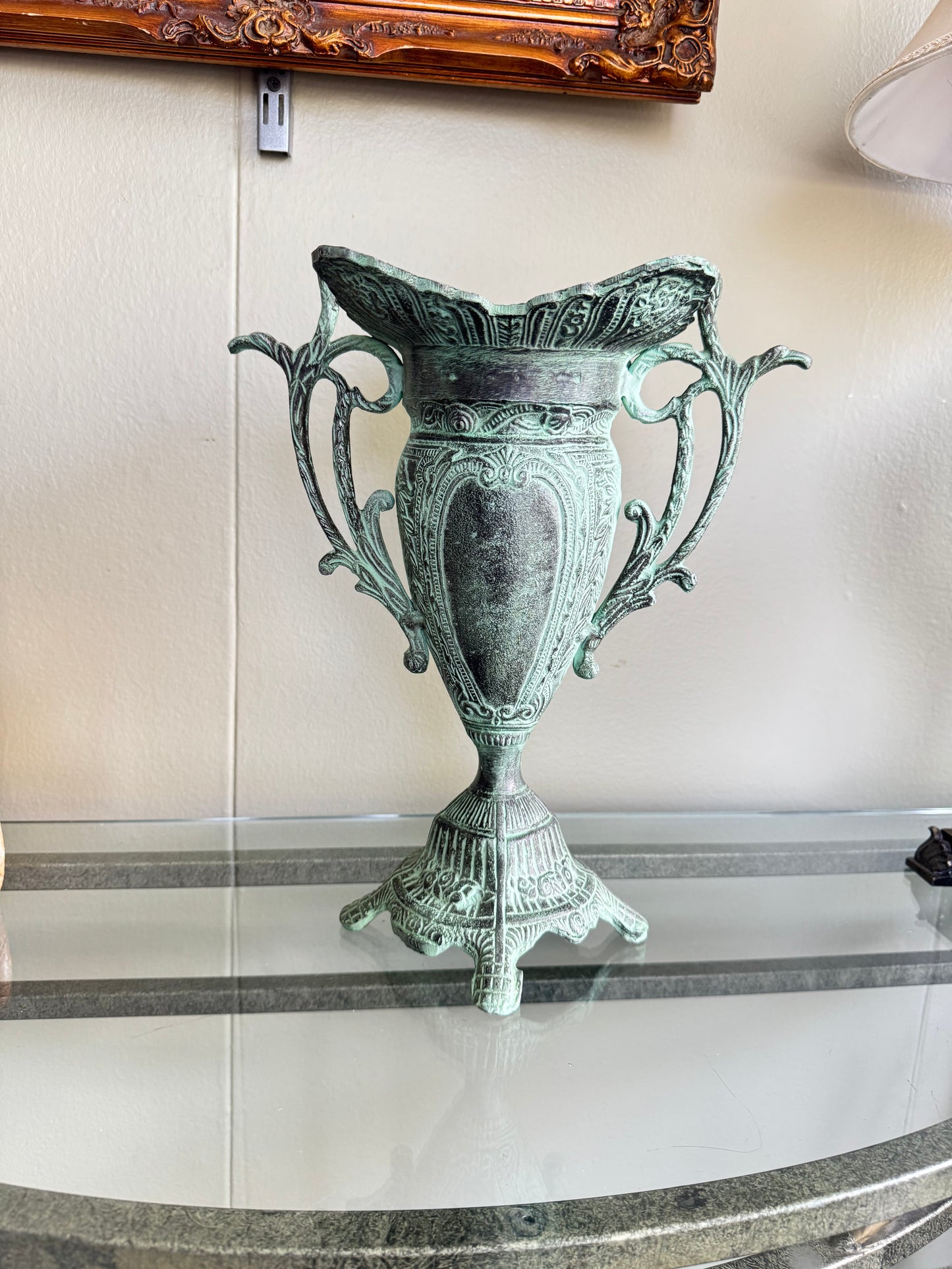 Metal Urn Vase Vintage Style Verdigris Patina Ornate Double Handle 14”
