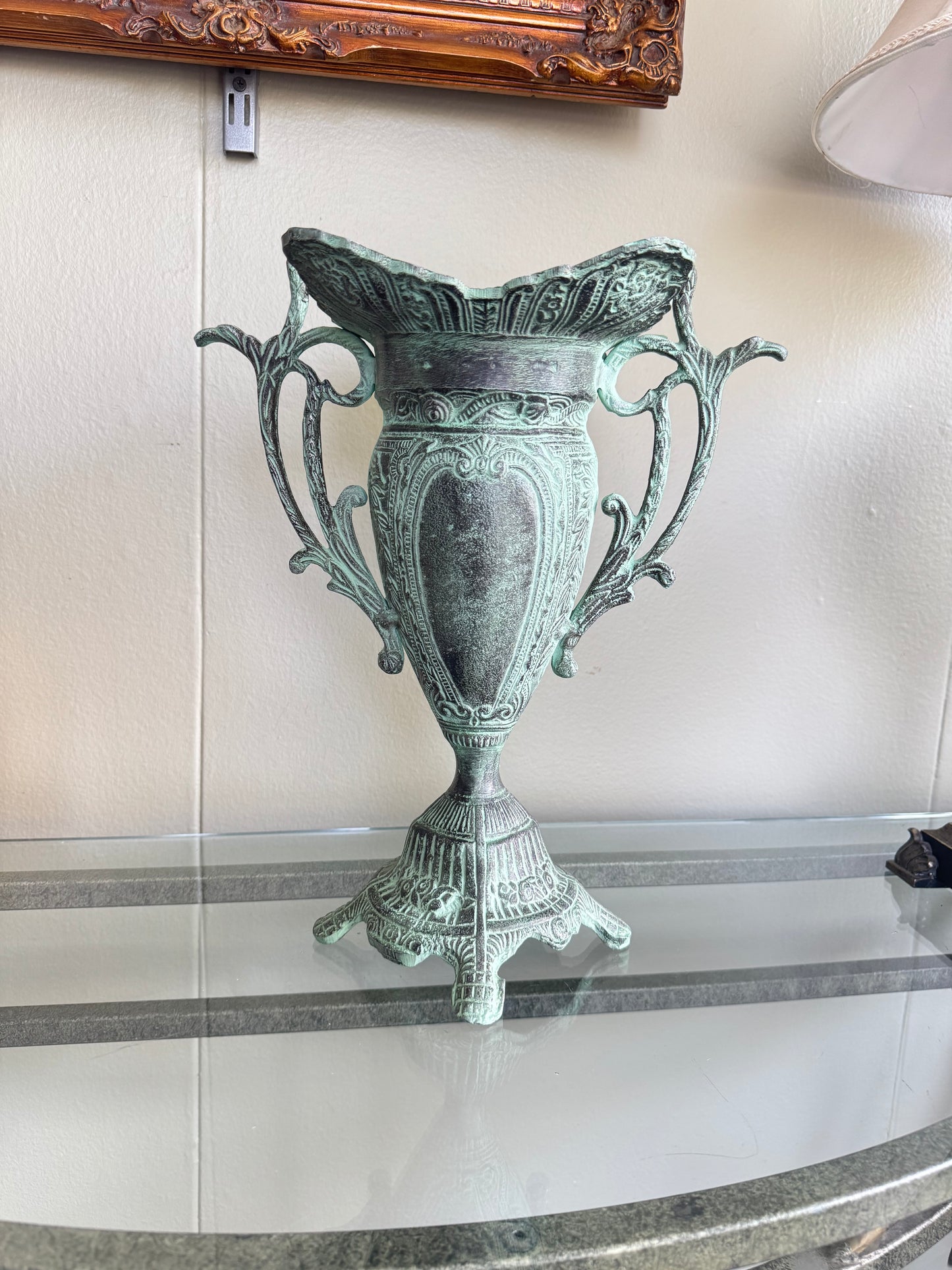 Metal Urn Vase Vintage Style Verdigris Patina Ornate Double Handle 14”