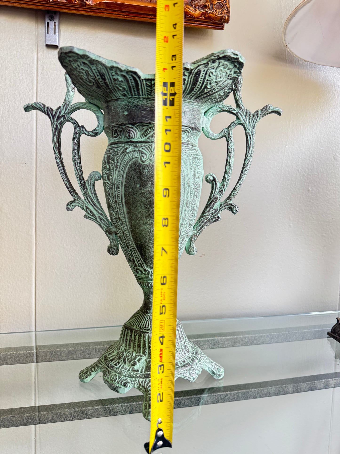 Metal Urn Vase Vintage Style Verdigris Patina Ornate Double Handle 14”