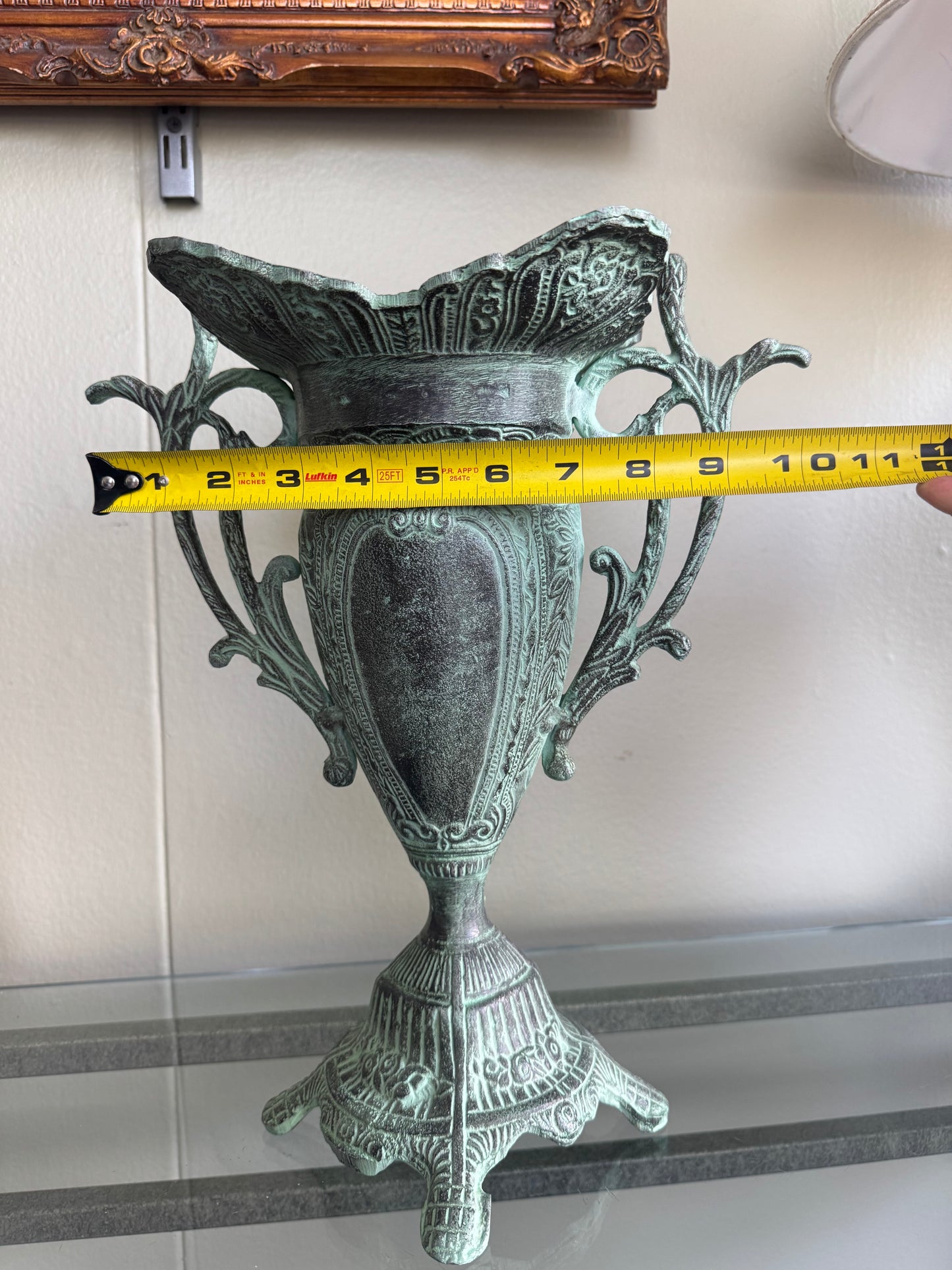 Metal Urn Vase Vintage Style Verdigris Patina Ornate Double Handle 14”