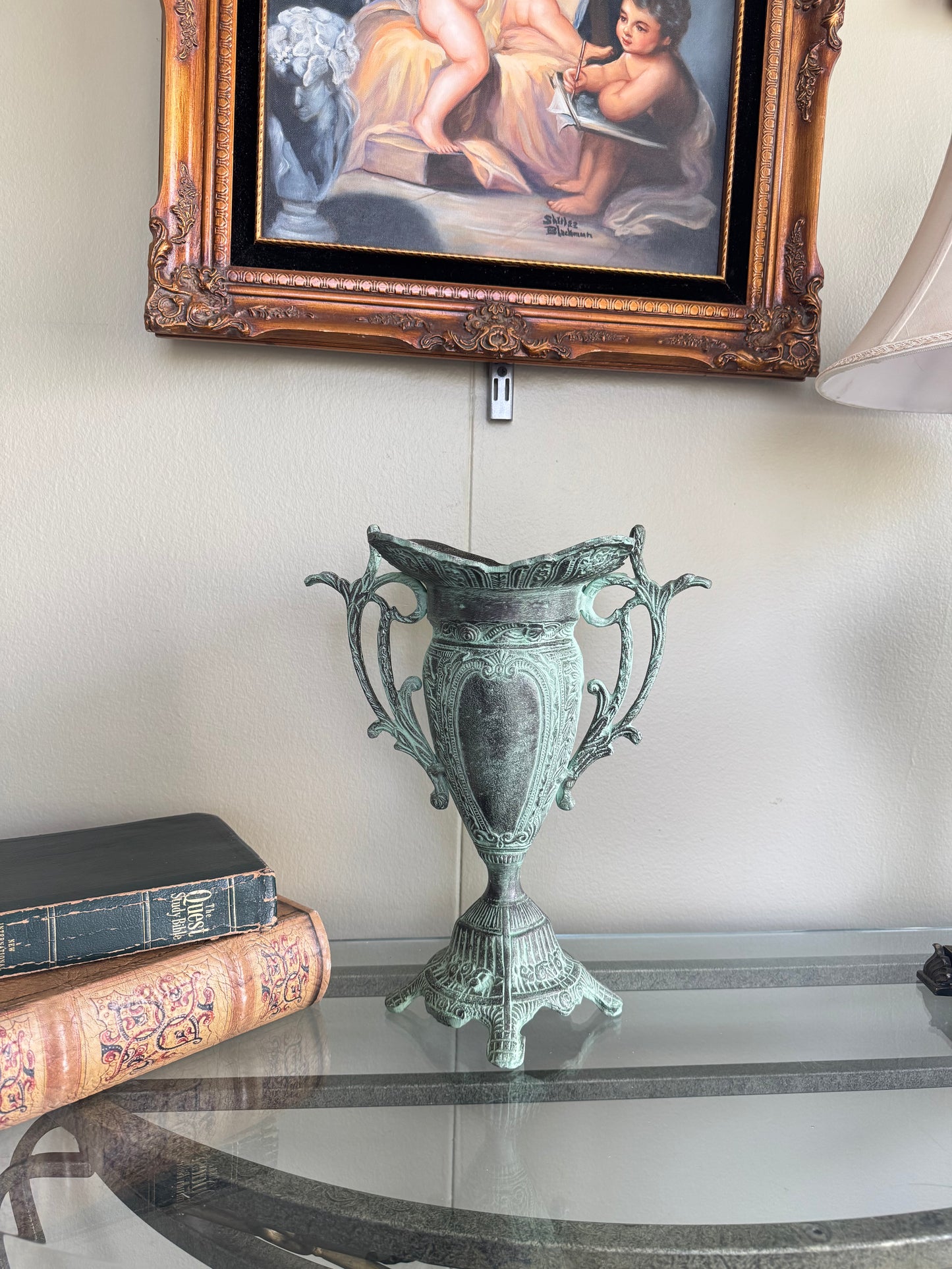 Metal Urn Vase Vintage Style Verdigris Patina Ornate Double Handle 14”