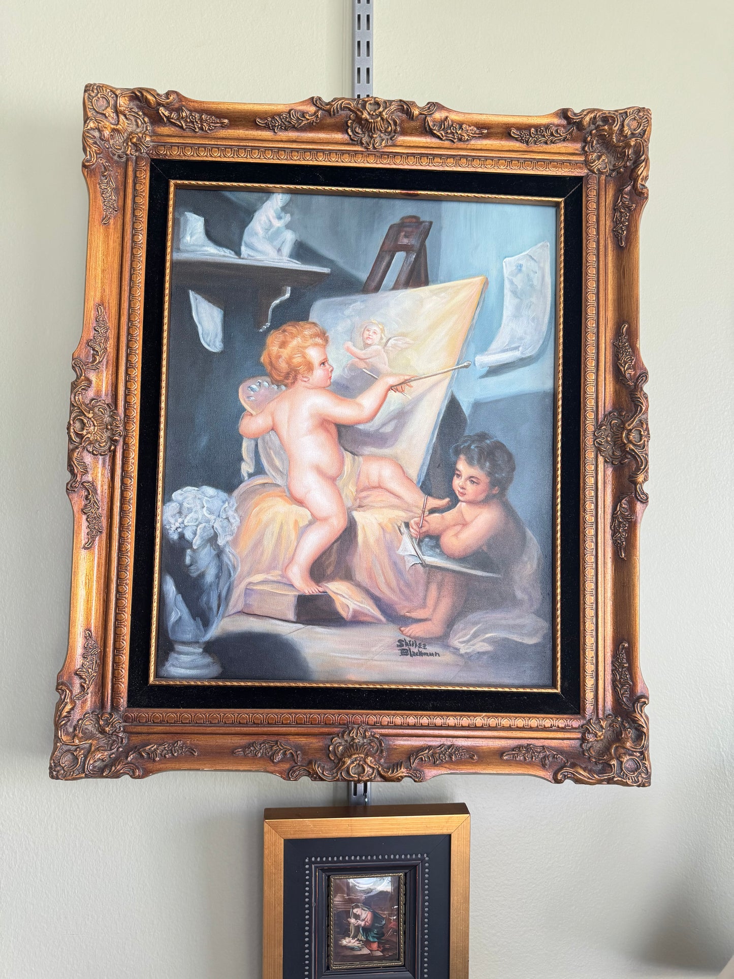 Vintage Framed Cherub Painting Putti Sign "S Nunez Blackman"Wall Art Ornate Gold Frame Large 25x22