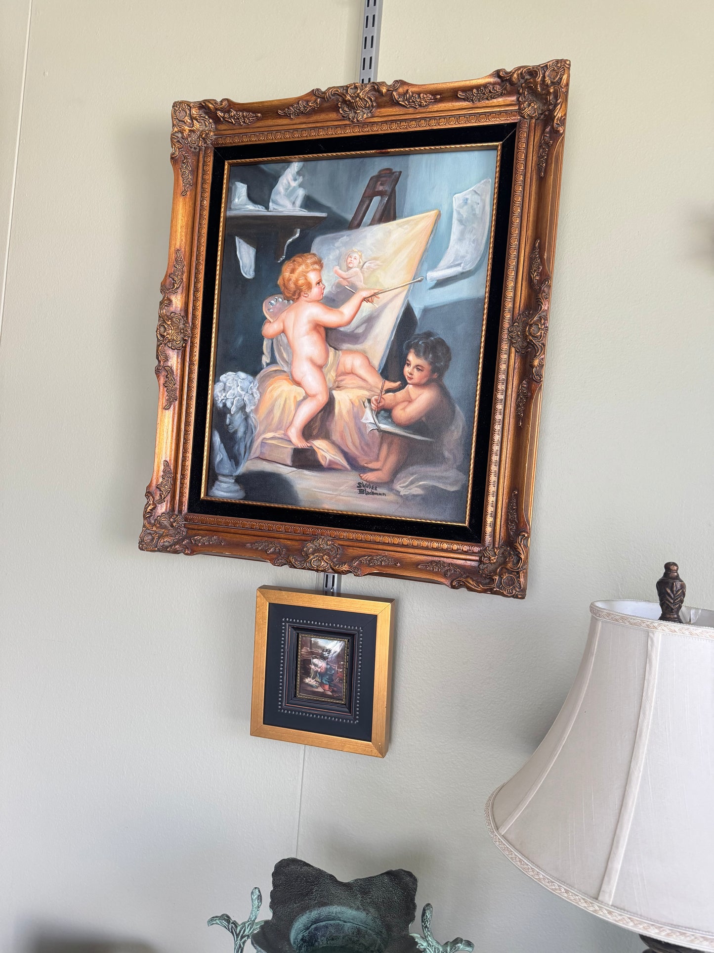 Vintage Framed Cherub Painting Putti Sign "S Nunez Blackman"Wall Art Ornate Gold Frame Large 25x22