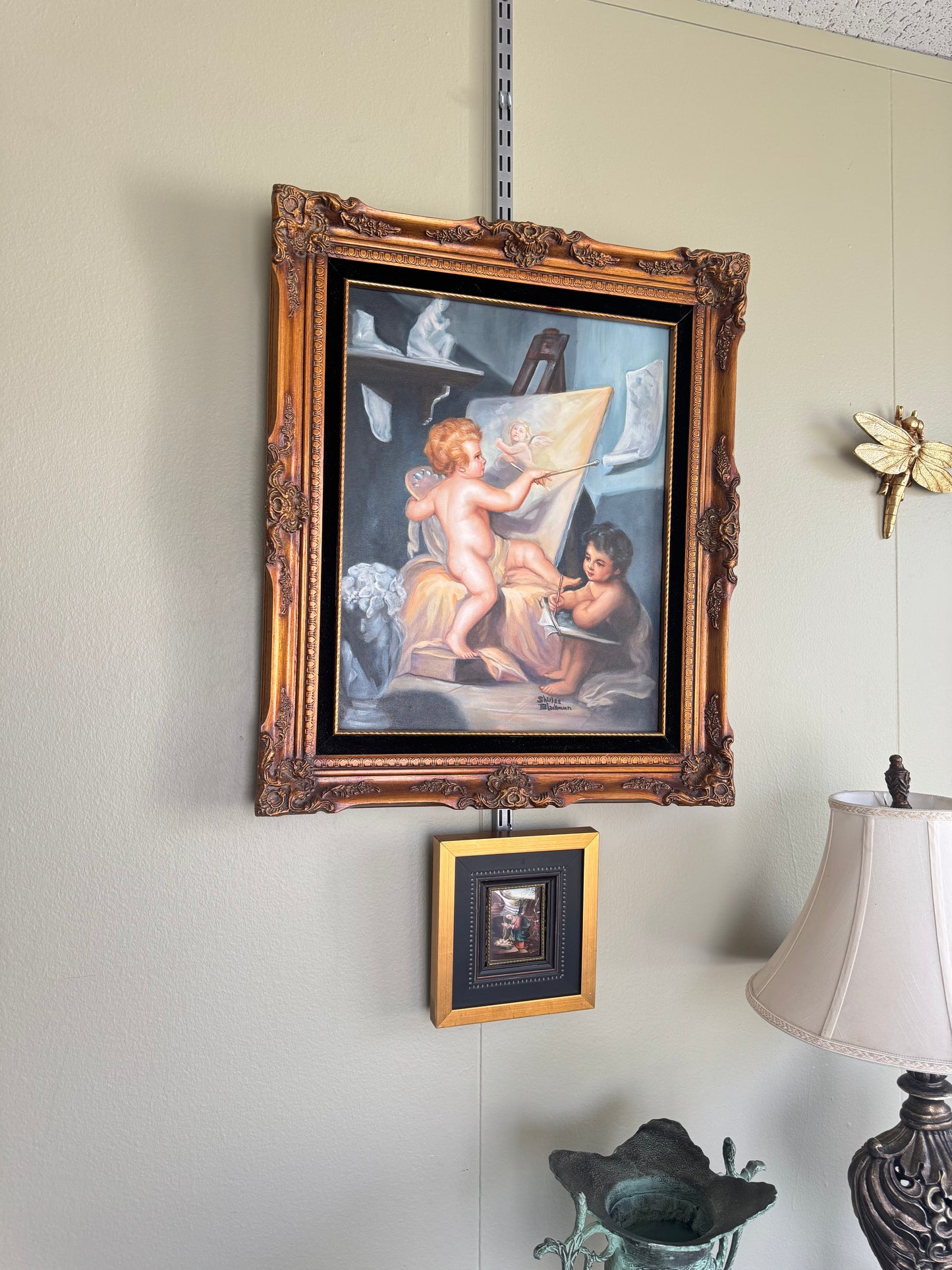 Vintage Framed Cherub Painting Putti Sign "S Nunez Blackman"Wall Art Ornate Gold Frame Large 25x22