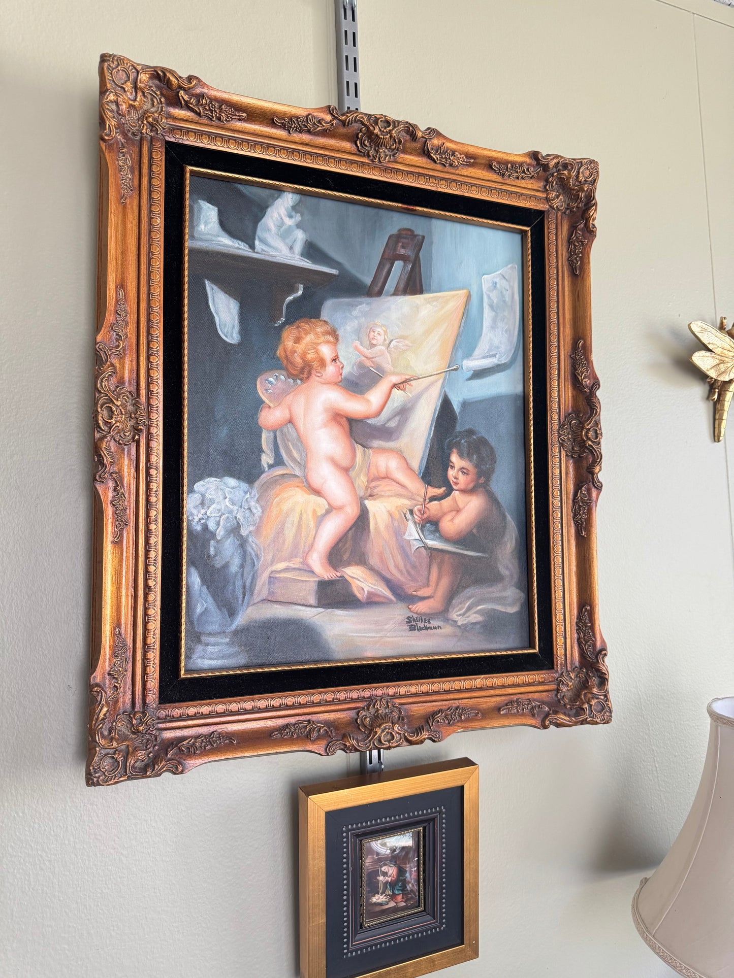 Vintage Framed Cherub Painting Putti Sign "S Nunez Blackman"Wall Art Ornate Gold Frame Large 25x22