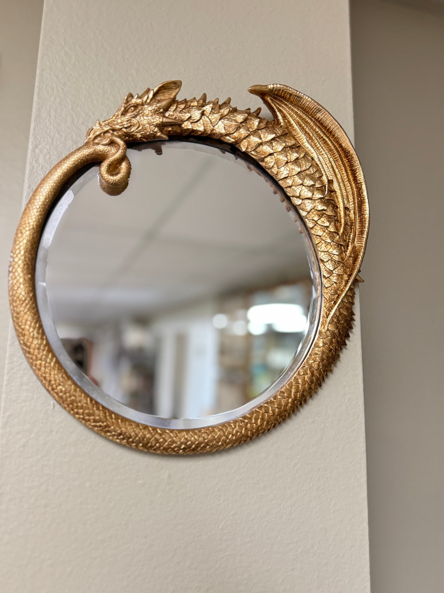 Gold Dragon Wall Mirror Resin Fantasy Gothic Decor Round Mythical 10” Hanging