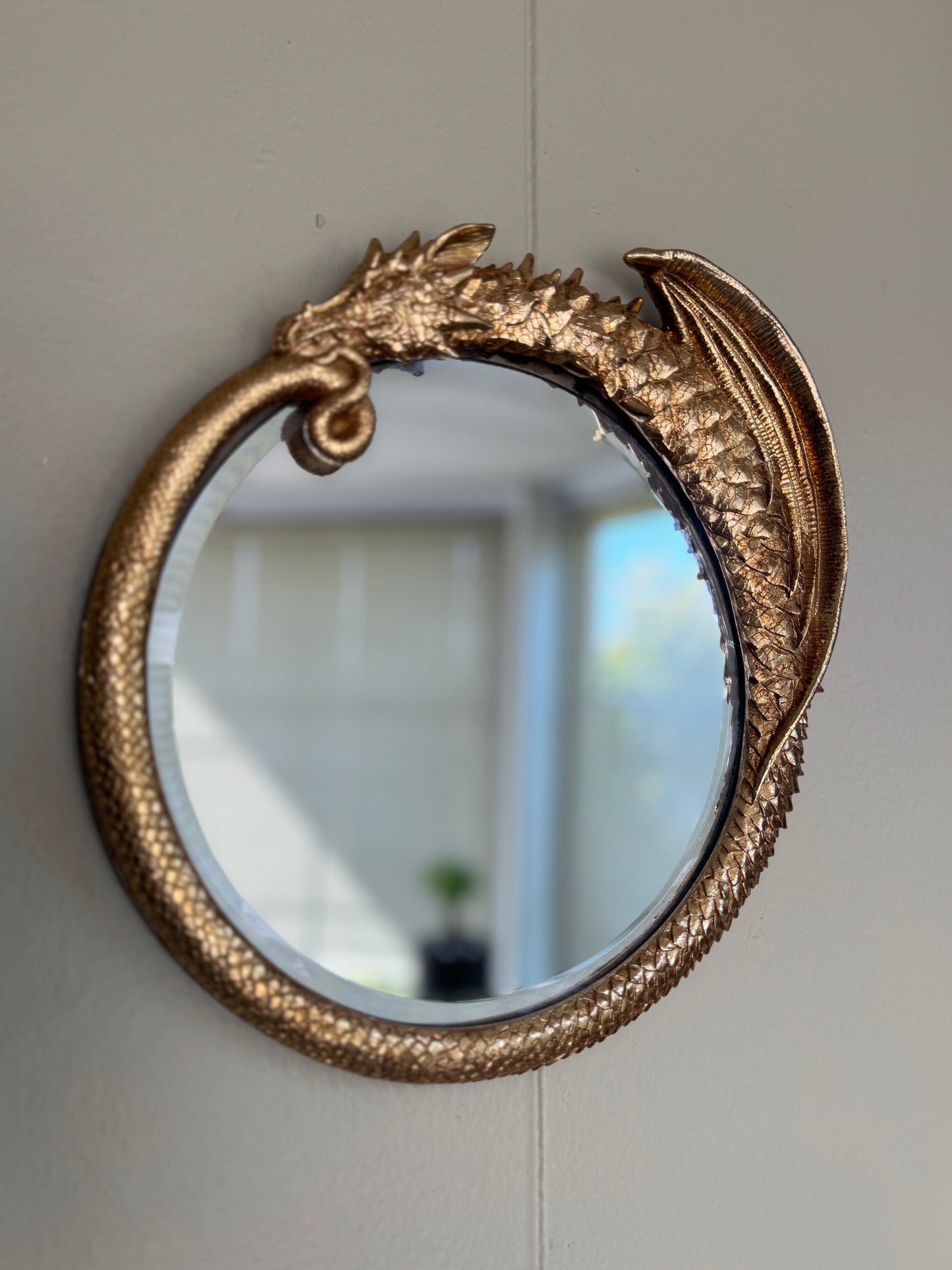 Gold Dragon Wall Mirror Resin Fantasy Gothic Decor Round Mythical 10” Hanging