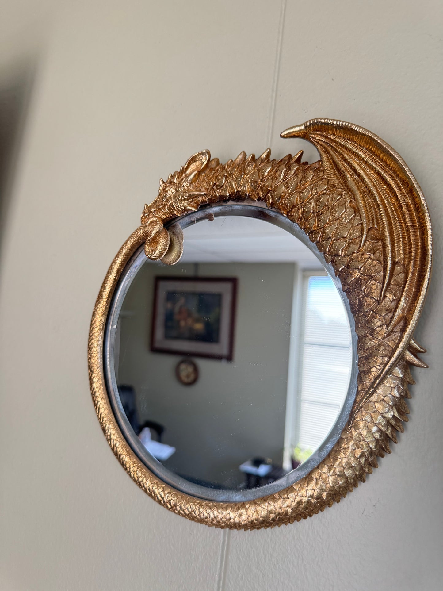 Gold Dragon Wall Mirror Resin Fantasy Gothic Decor Round Mythical 10” Hanging