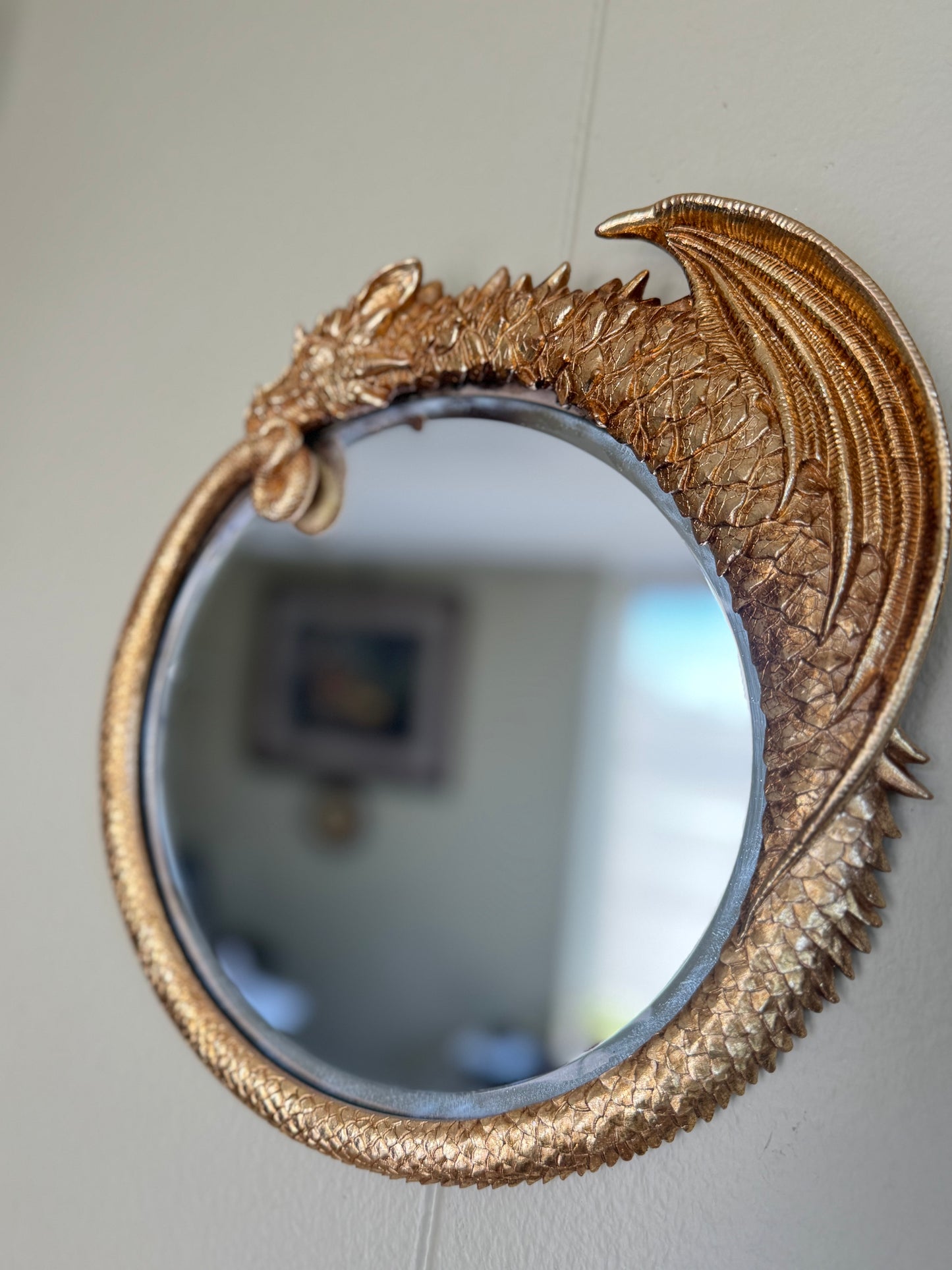 Gold Dragon Wall Mirror Resin Fantasy Gothic Decor Round Mythical 10” Hanging