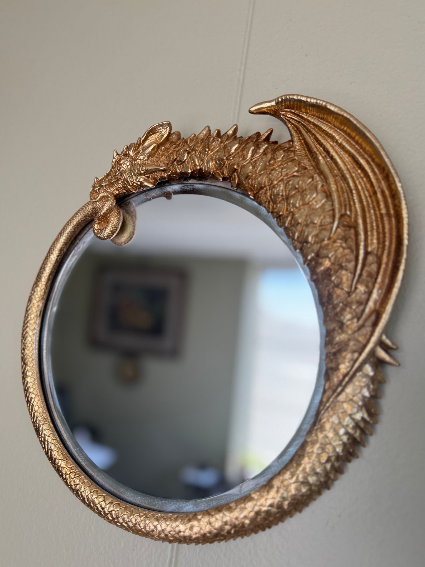 Gold Dragon Wall Mirror Resin Fantasy Gothic Decor Round Mythical 10” Hanging